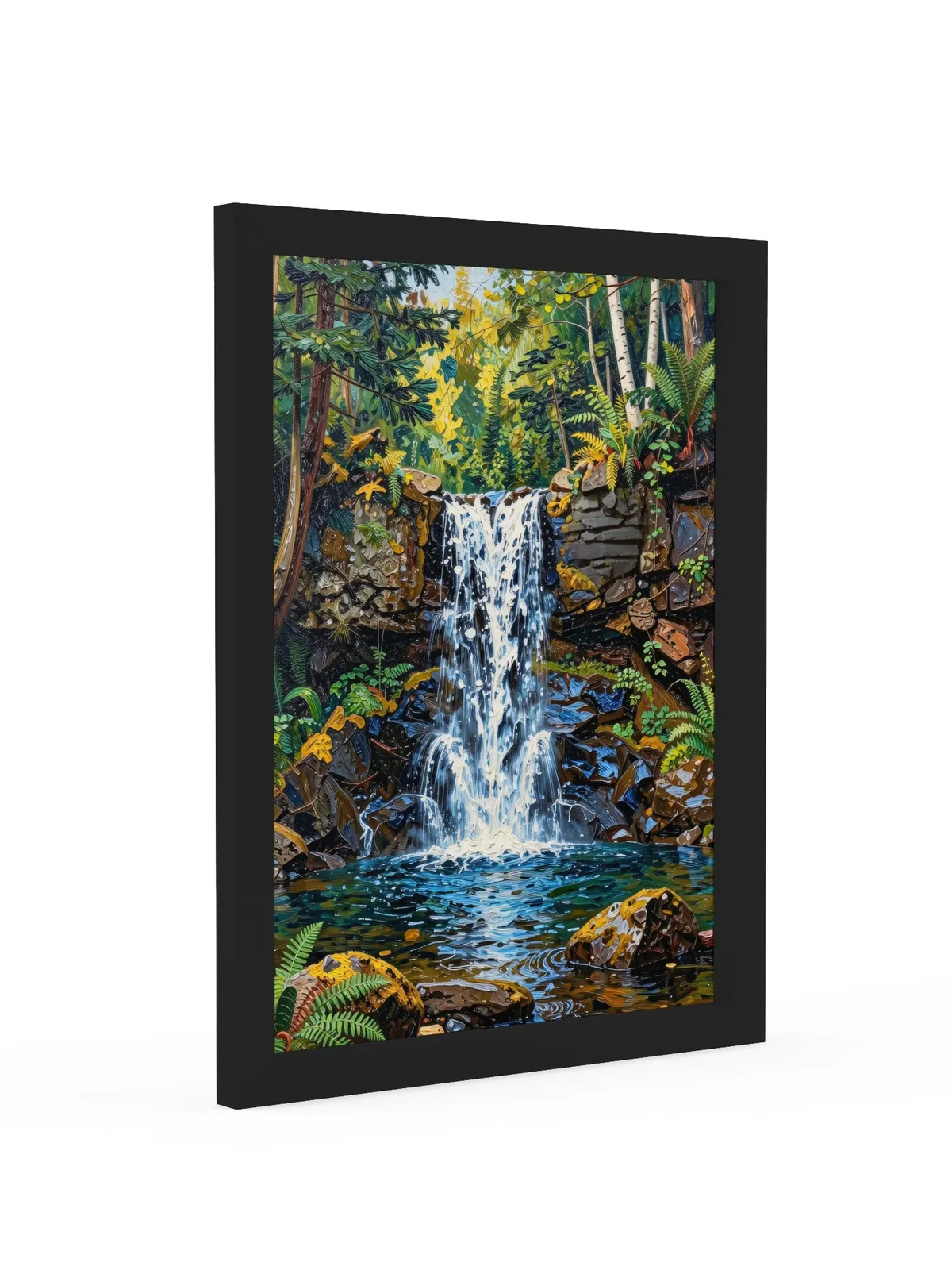 Waterfall in the Woods as a 12 by 16 inch framed print in a black frame: a waterfall pouring over dark rock ledges into a clear pool in the woods, with ferns, moss and white birches, in bold oil-painting brushstrokes.