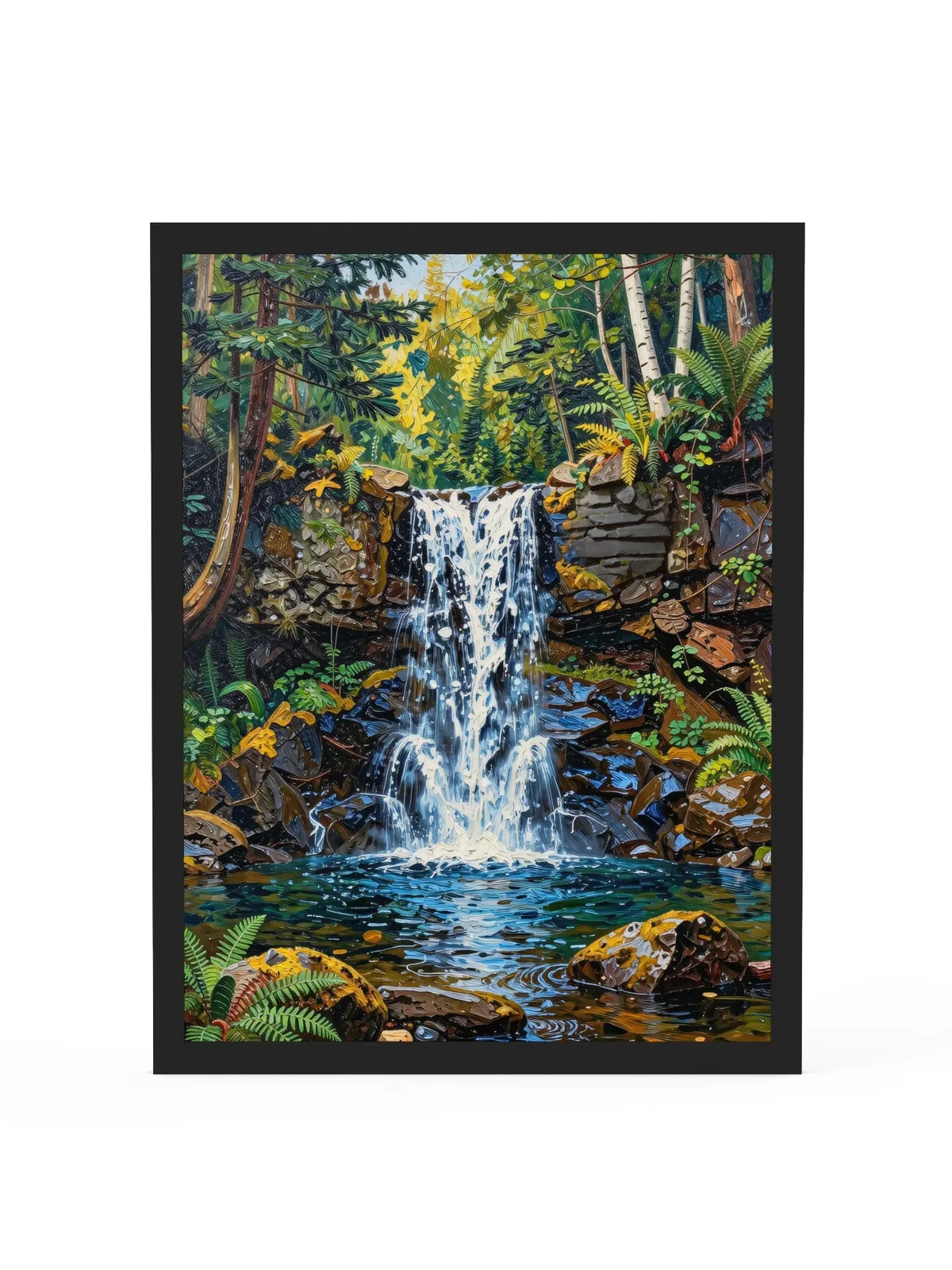 Waterfall in the Woods as an 18 by 24 inch framed print in a black frame: a waterfall pouring over dark rock ledges into a clear pool in the woods, with ferns, moss and white birches, in bold oil-painting brushstrokes.