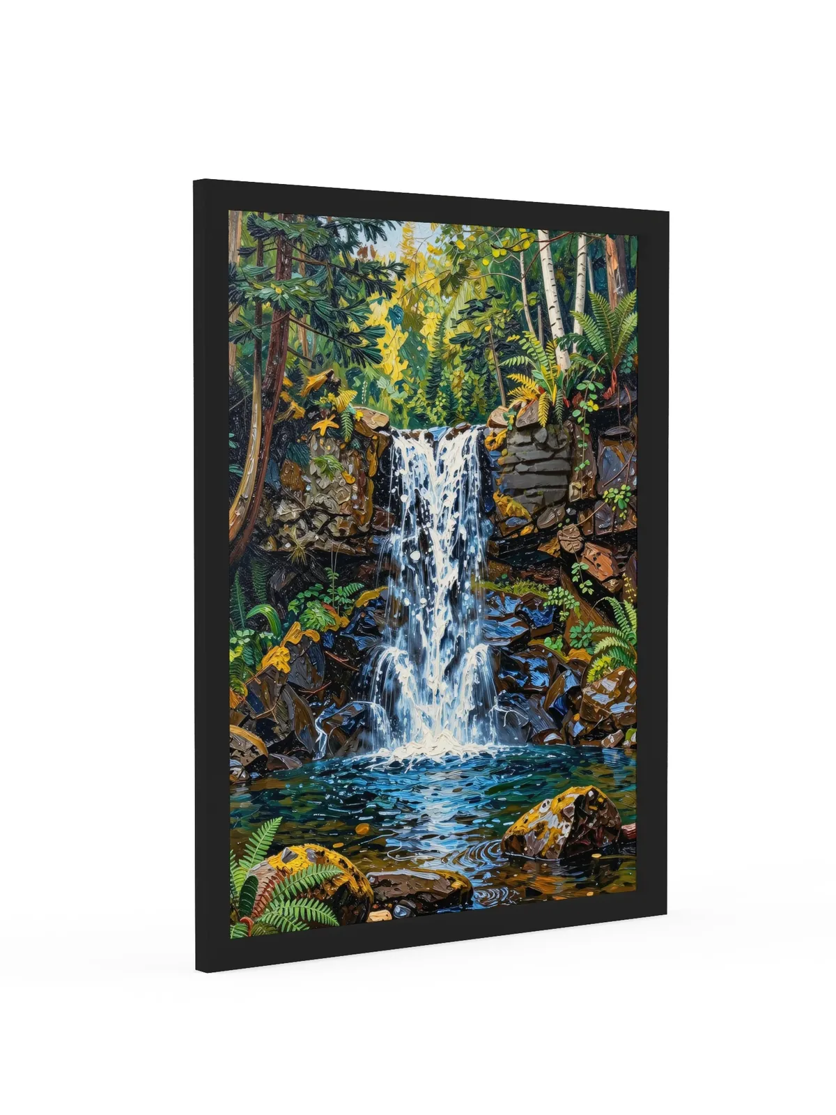 Waterfall in the Woods as an 18 by 24 inch framed print in a black frame: a waterfall pouring over dark rock ledges into a clear pool in the woods, with ferns, moss and white birches, in bold oil-painting brushstrokes.