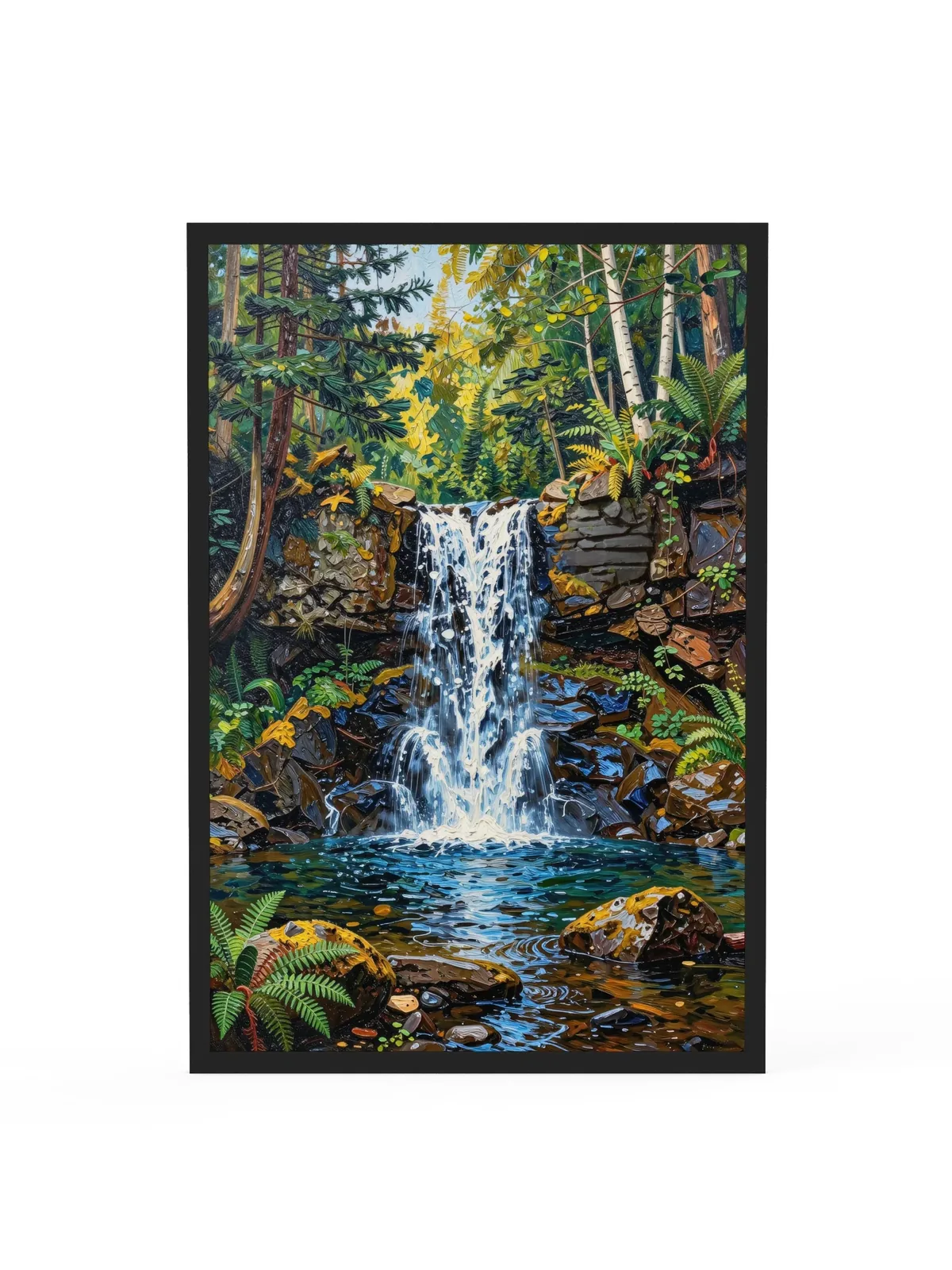 Waterfall in the Woods as a 24 by 36 inch framed print in a black frame: a waterfall pouring over dark rock ledges into a clear pool in the woods, with ferns, moss and white birches, in bold oil-painting brushstrokes.