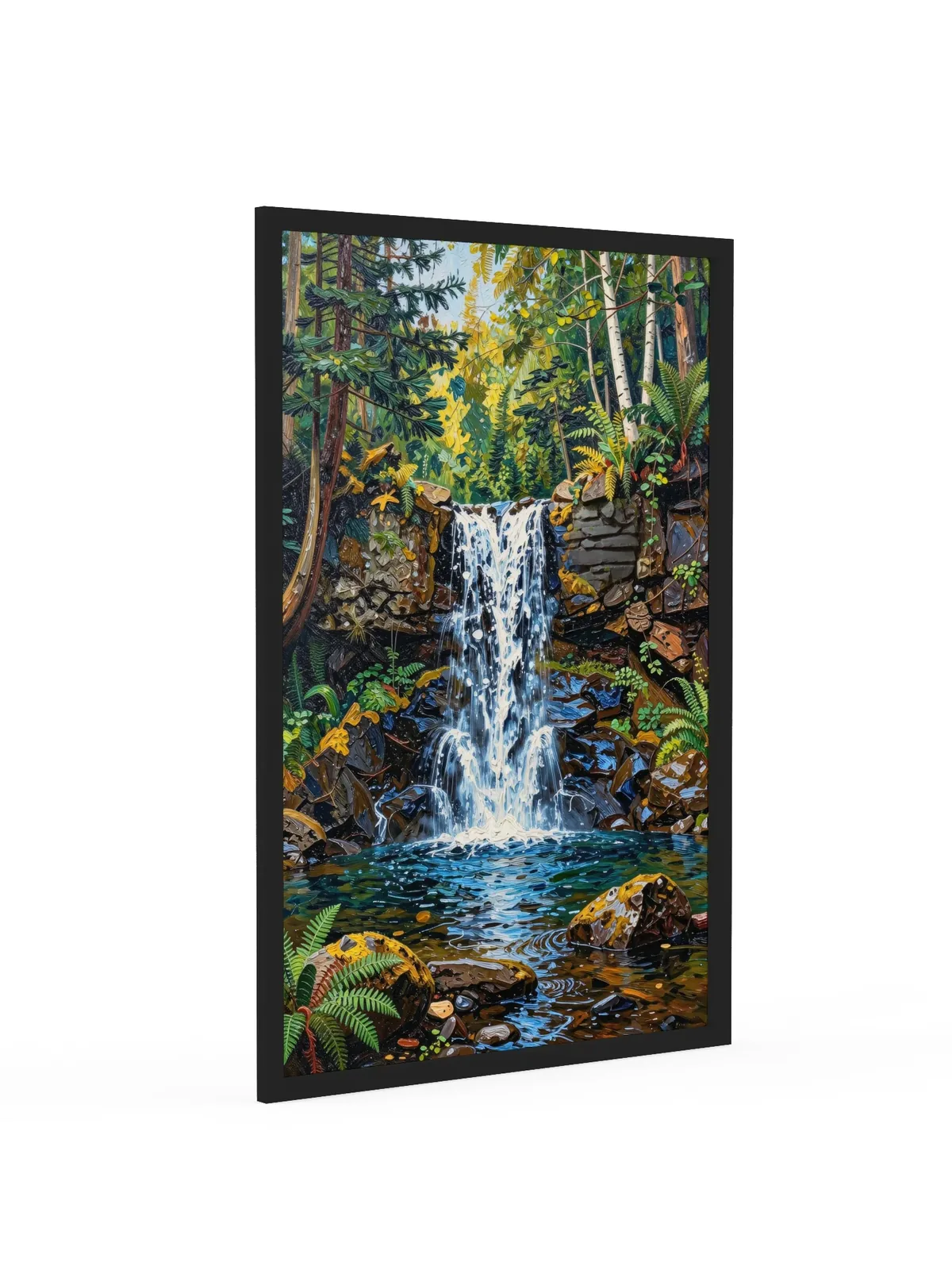 Waterfall in the Woods as a 24 by 36 inch framed print in a black frame: a waterfall pouring over dark rock ledges into a clear pool in the woods, with ferns, moss and white birches, in bold oil-painting brushstrokes.