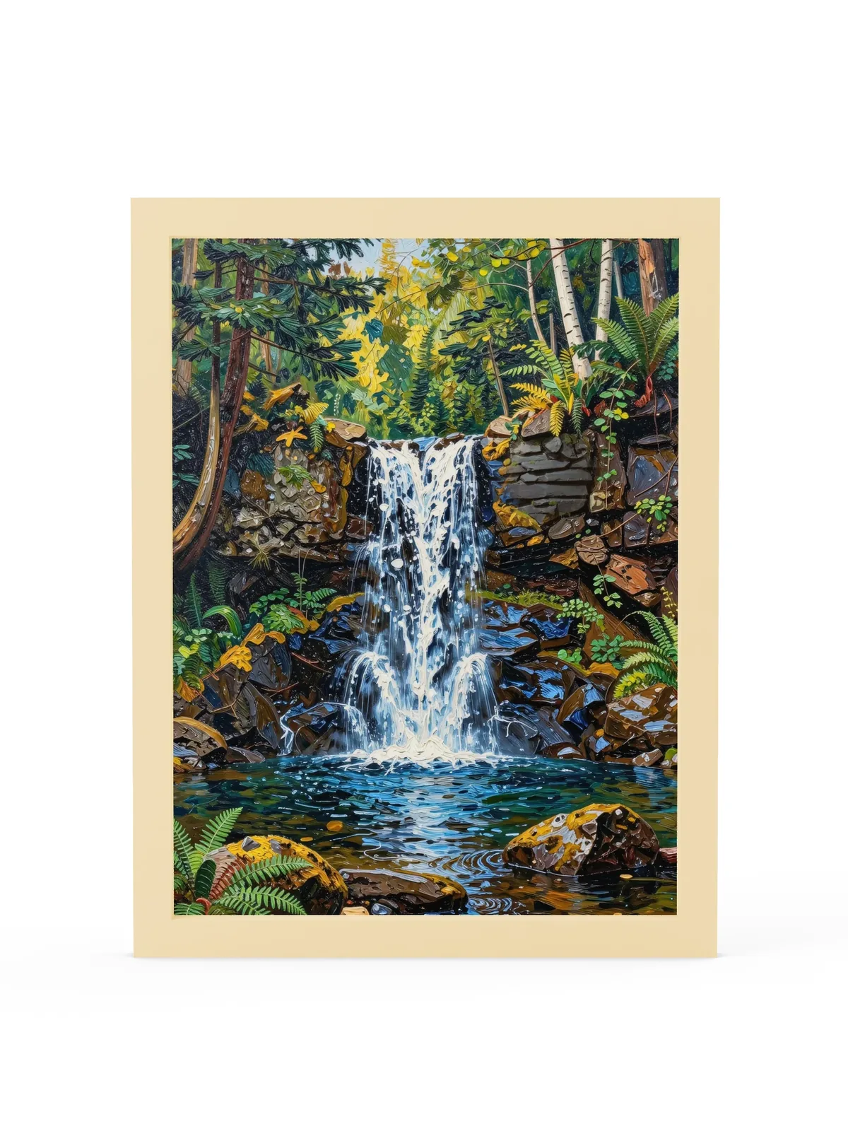 Waterfall in the Woods as a 12 by 16 inch framed print in a natural wood frame: a waterfall pouring over dark rock ledges into a clear pool in the woods, with ferns, moss and white birches, in bold oil-painting brushstrokes.