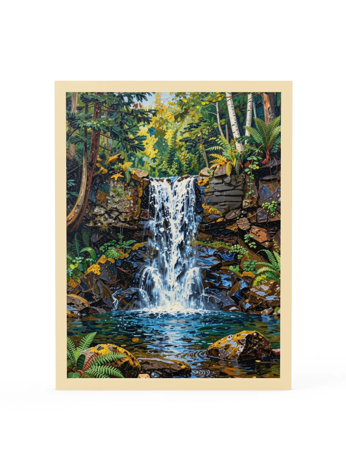 Waterfall in the Woods as an 18 by 24 inch framed print in a natural wood frame: a waterfall pouring over dark rock ledges into a clear pool in the woods, with ferns, moss and white birches, in bold oil-painting brushstrokes.