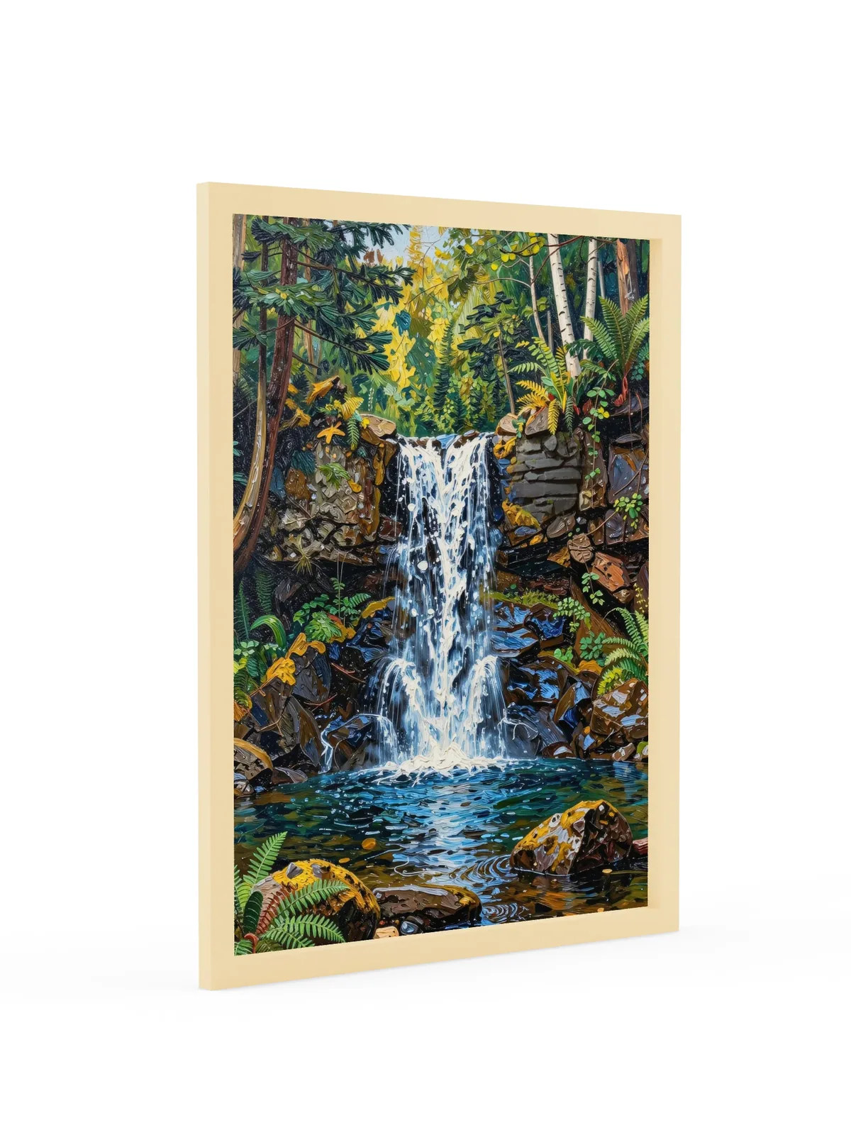 Waterfall in the Woods as an 18 by 24 inch framed print in a natural wood frame: a waterfall pouring over dark rock ledges into a clear pool in the woods, with ferns, moss and white birches, in bold oil-painting brushstrokes.