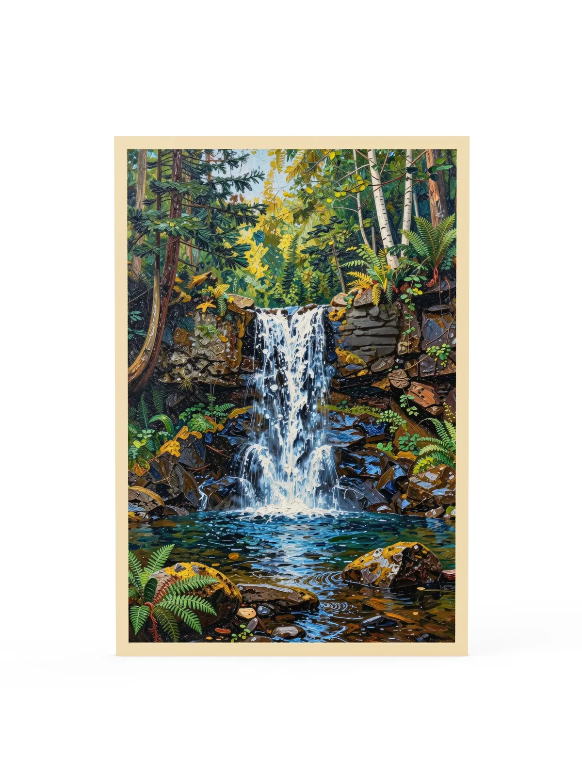 Waterfall in the Woods as a 24 by 36 inch framed print in a natural wood frame: a waterfall pouring over dark rock ledges into a clear pool in the woods, with ferns, moss and white birches, in bold oil-painting brushstrokes.