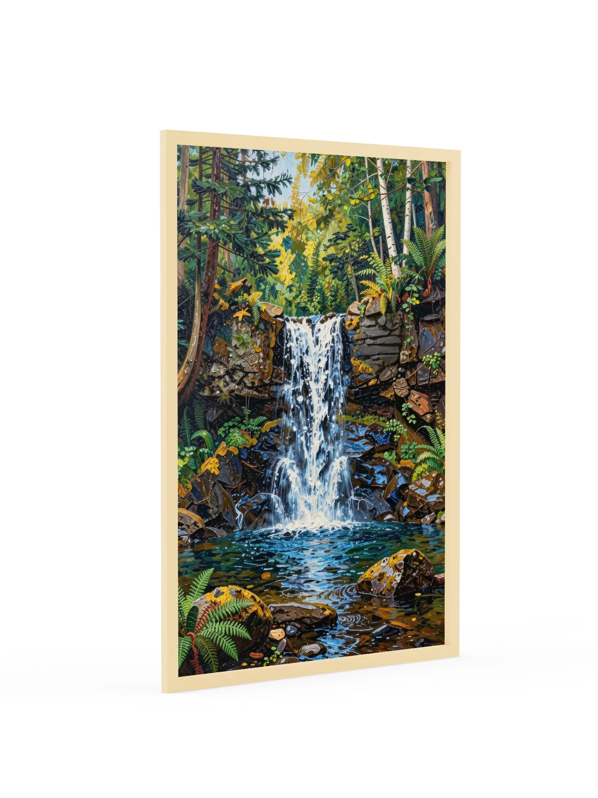 Waterfall in the Woods as a 24 by 36 inch framed print in a natural wood frame: a waterfall pouring over dark rock ledges into a clear pool in the woods, with ferns, moss and white birches, in bold oil-painting brushstrokes.