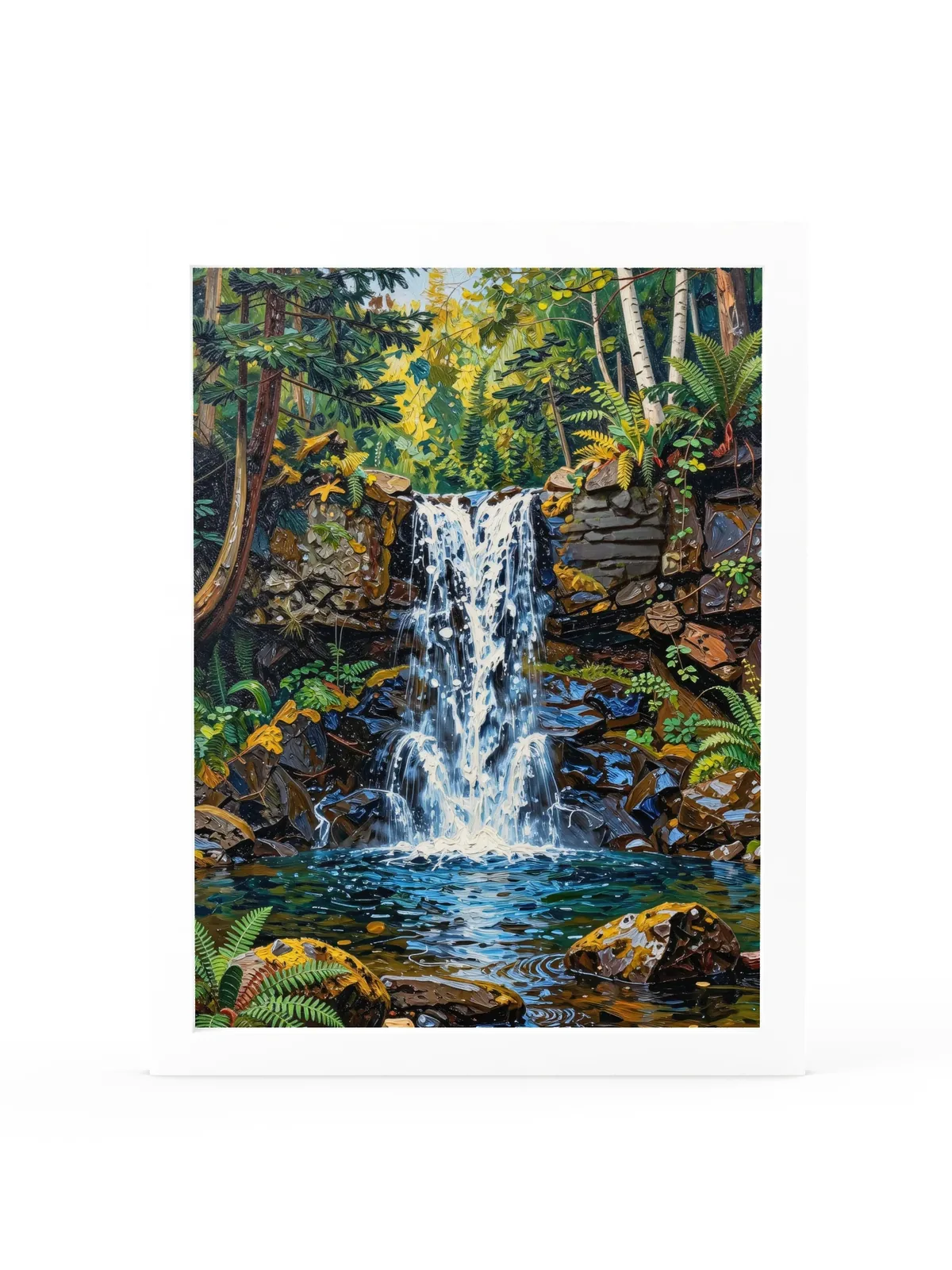 Waterfall in the Woods as a 12 by 16 inch framed print in a white frame: a waterfall pouring over dark rock ledges into a clear pool in the woods, with ferns, moss and white birches, in bold oil-painting brushstrokes.