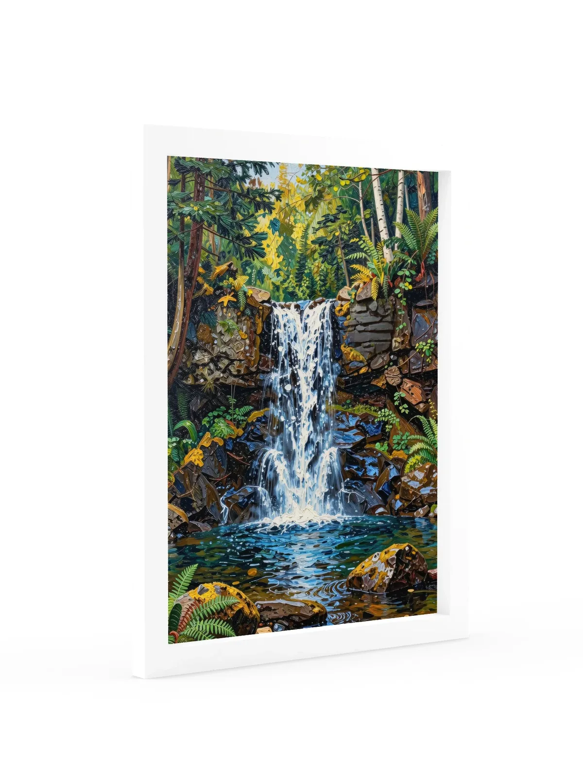 Waterfall in the Woods as a 12 by 16 inch framed print in a white frame: a waterfall pouring over dark rock ledges into a clear pool in the woods, with ferns, moss and white birches, in bold oil-painting brushstrokes.