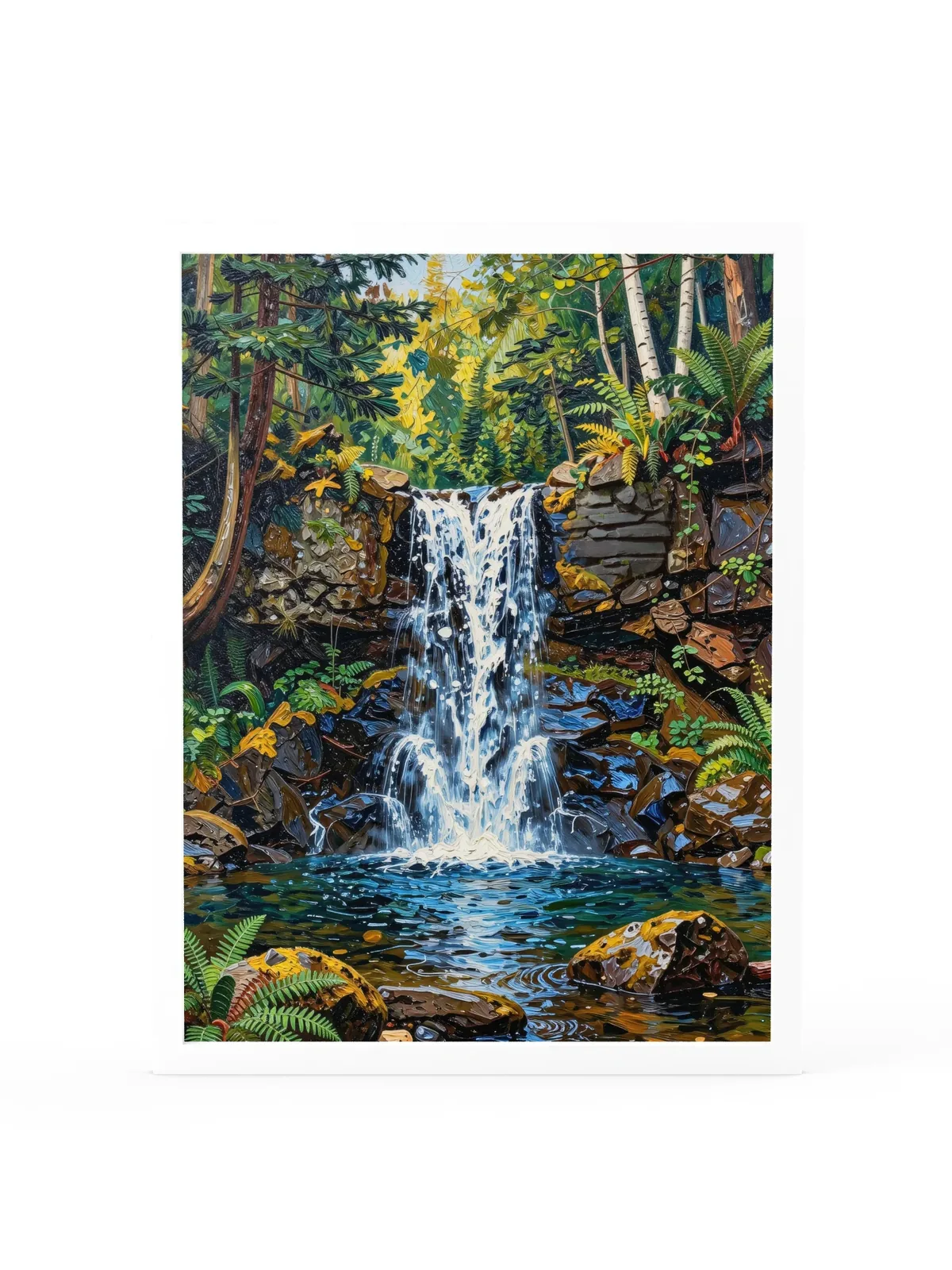 Waterfall in the Woods as an 18 by 24 inch framed print in a white frame: a waterfall pouring over dark rock ledges into a clear pool in the woods, with ferns, moss and white birches, in bold oil-painting brushstrokes.
