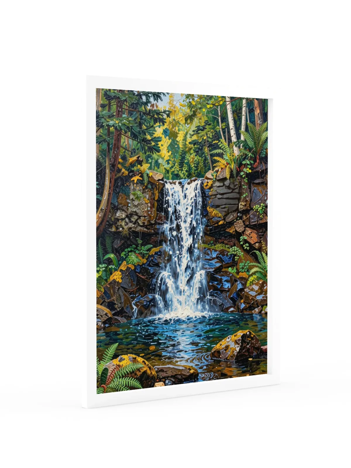 Waterfall in the Woods as an 18 by 24 inch framed print in a white frame: a waterfall pouring over dark rock ledges into a clear pool in the woods, with ferns, moss and white birches, in bold oil-painting brushstrokes.
