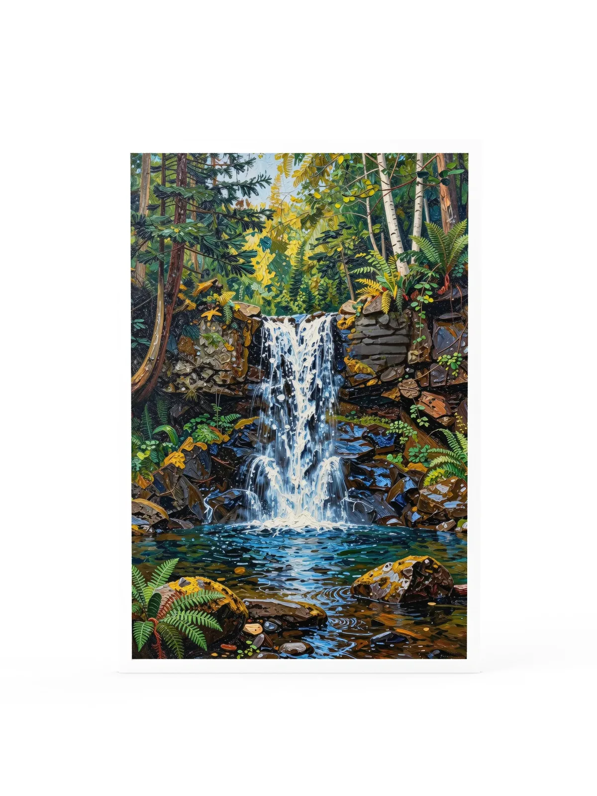 Waterfall in the Woods as a 24 by 36 inch framed print in a white frame: a waterfall pouring over dark rock ledges into a clear pool in the woods, with ferns, moss and white birches, in bold oil-painting brushstrokes.
