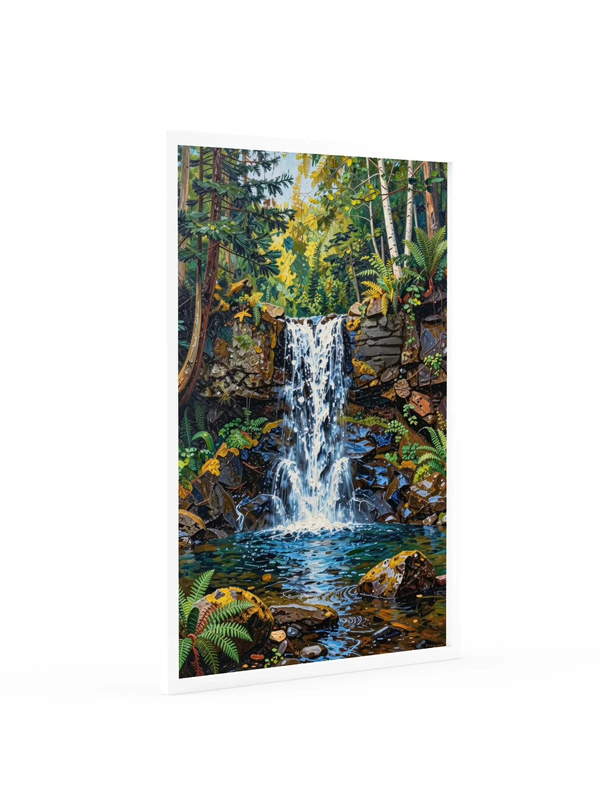 Waterfall in the Woods as a 24 by 36 inch framed print in a white frame: a waterfall pouring over dark rock ledges into a clear pool in the woods, with ferns, moss and white birches, in bold oil-painting brushstrokes.