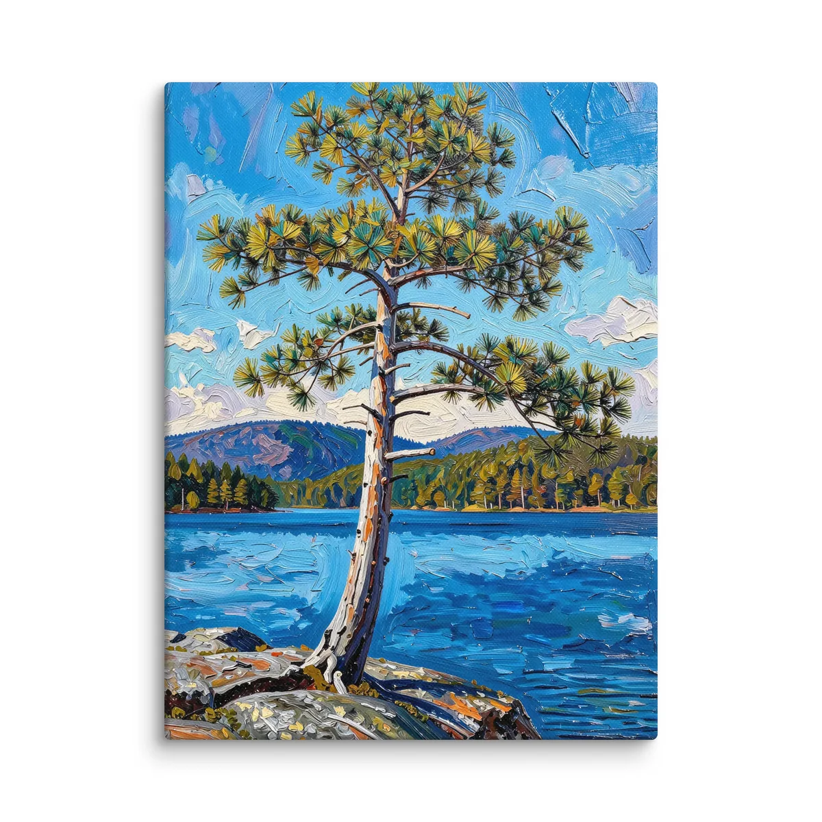 White Pine on the Point as a 12 by 16 inch canvas: a lone white pine leaning out from a granite point over a blue lake, with low mountains on the far shore, in bold oil-painting brushstrokes.