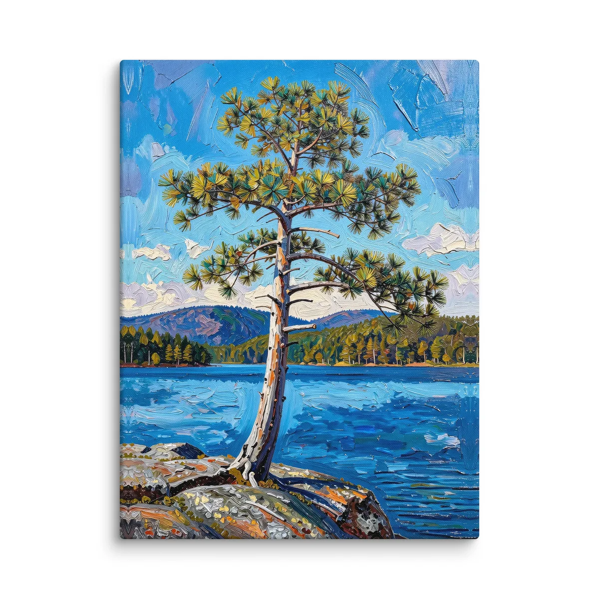 White Pine on the Point as an 18 by 24 inch canvas: a lone white pine leaning out from a granite point over a blue lake, with low mountains on the far shore, in bold oil-painting brushstrokes.