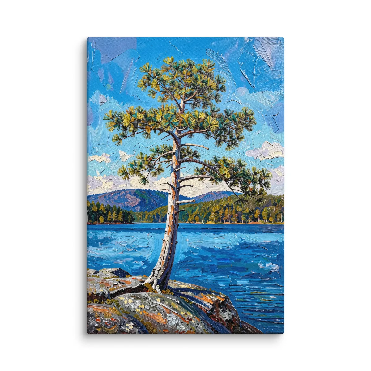White Pine on the Point as a 24 by 36 inch canvas: a lone white pine leaning out from a granite point over a blue lake, with low mountains on the far shore, in bold oil-painting brushstrokes.