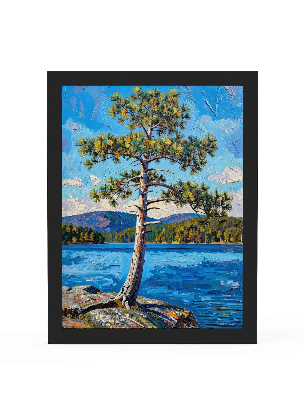 White Pine on the Point as a 12 by 16 inch framed print in a black frame: a lone white pine leaning out from a granite point over a blue lake, with low mountains on the far shore, in bold oil-painting brushstrokes.