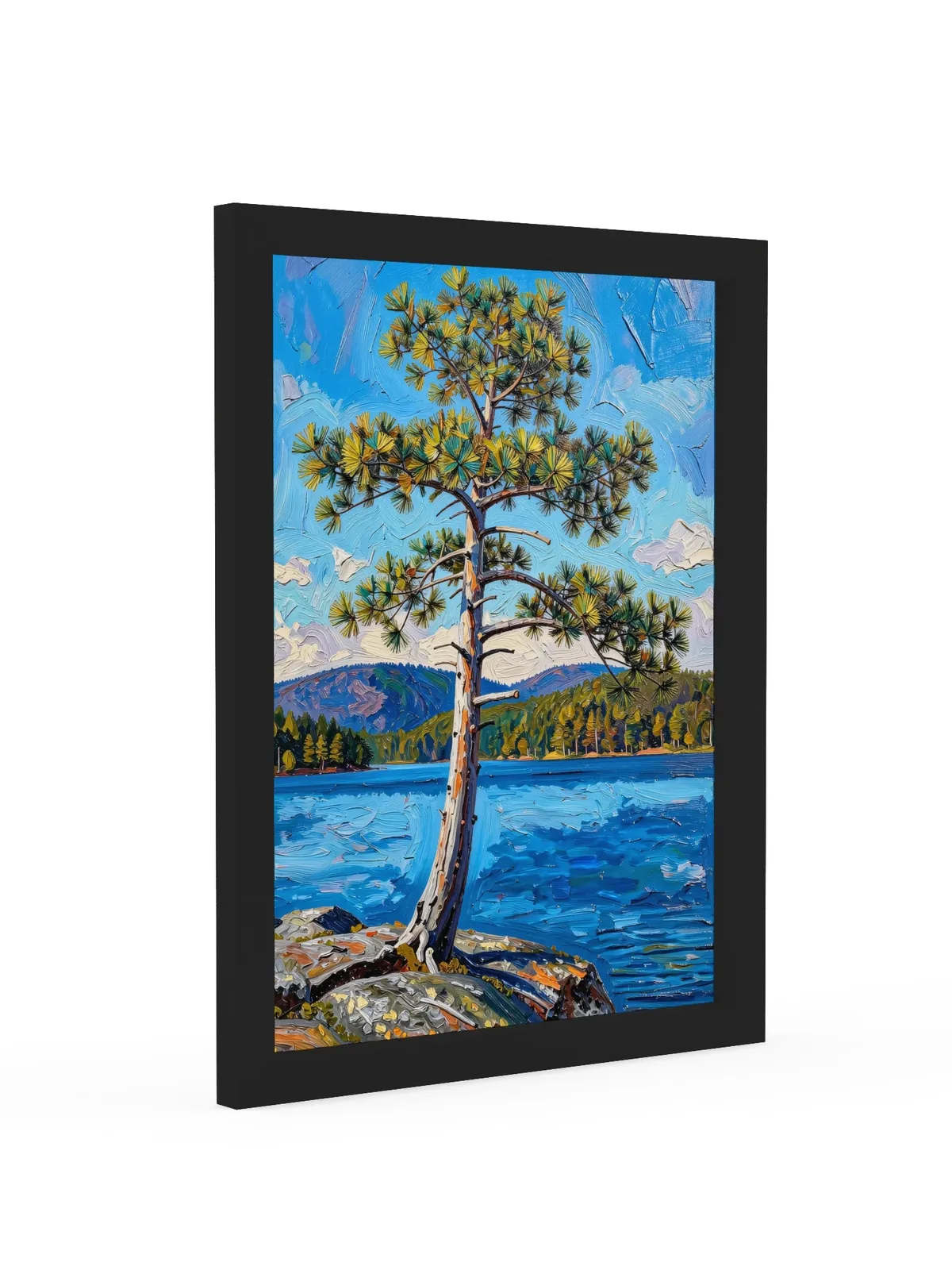 White Pine on the Point as a 12 by 16 inch framed print in a black frame: a lone white pine leaning out from a granite point over a blue lake, with low mountains on the far shore, in bold oil-painting brushstrokes.