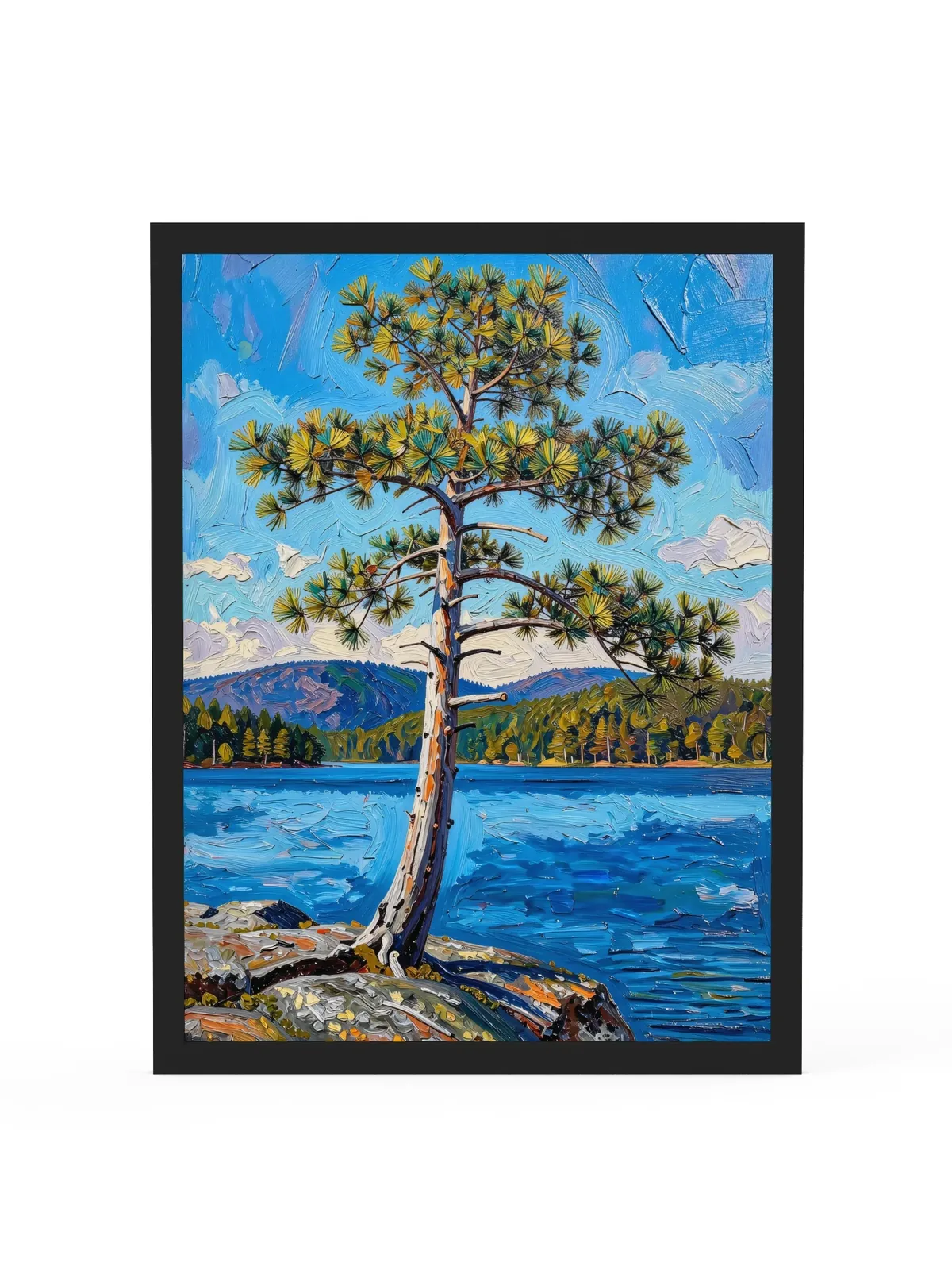 White Pine on the Point as an 18 by 24 inch framed print in a black frame: a lone white pine leaning out from a granite point over a blue lake, with low mountains on the far shore, in bold oil-painting brushstrokes.