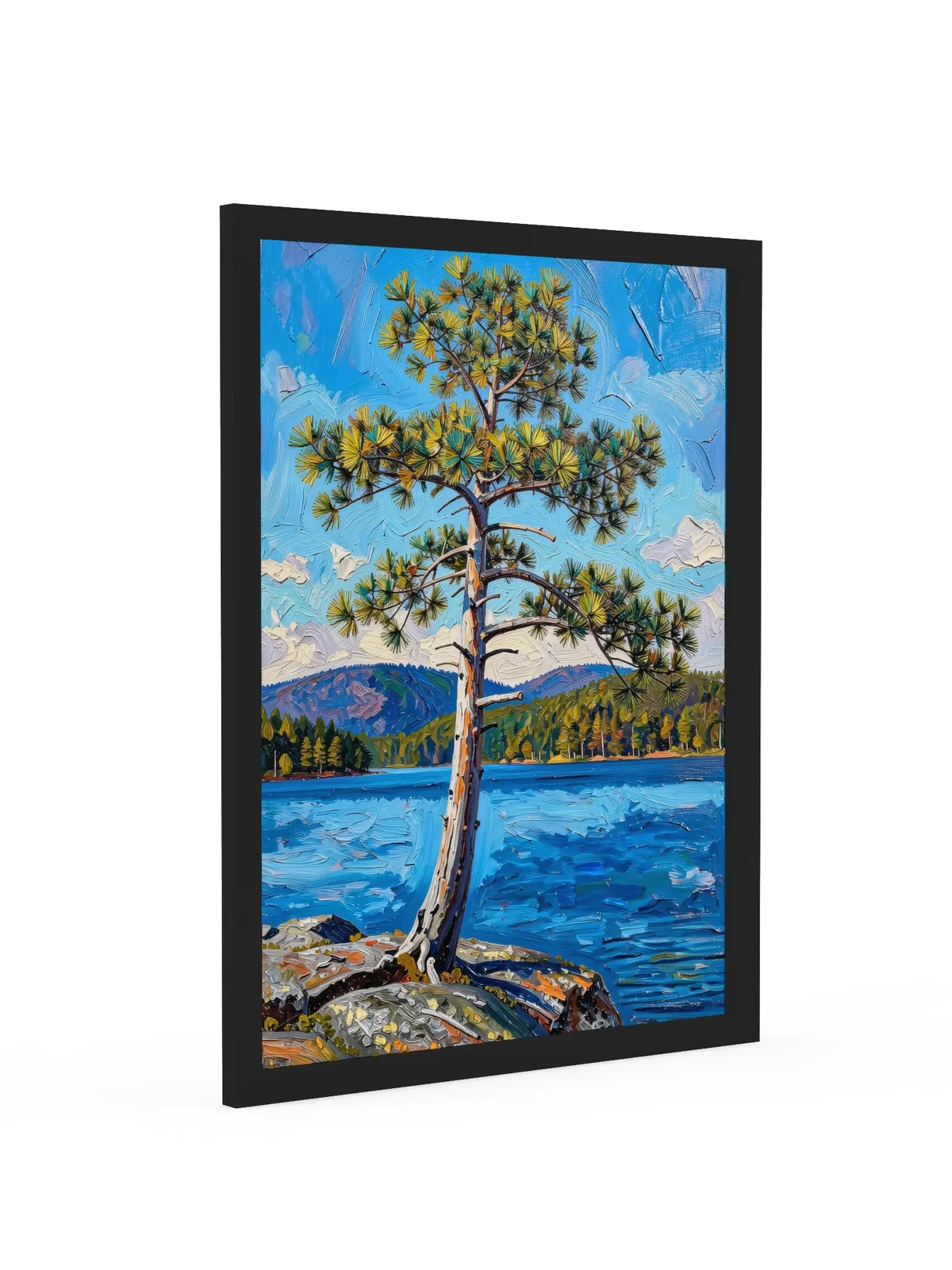 White Pine on the Point as an 18 by 24 inch framed print in a black frame: a lone white pine leaning out from a granite point over a blue lake, with low mountains on the far shore, in bold oil-painting brushstrokes.