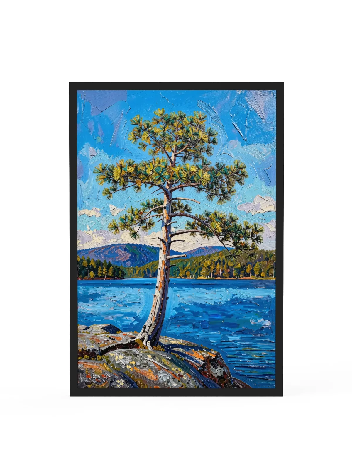 White Pine on the Point as a 24 by 36 inch framed print in a black frame: a lone white pine leaning out from a granite point over a blue lake, with low mountains on the far shore, in bold oil-painting brushstrokes.