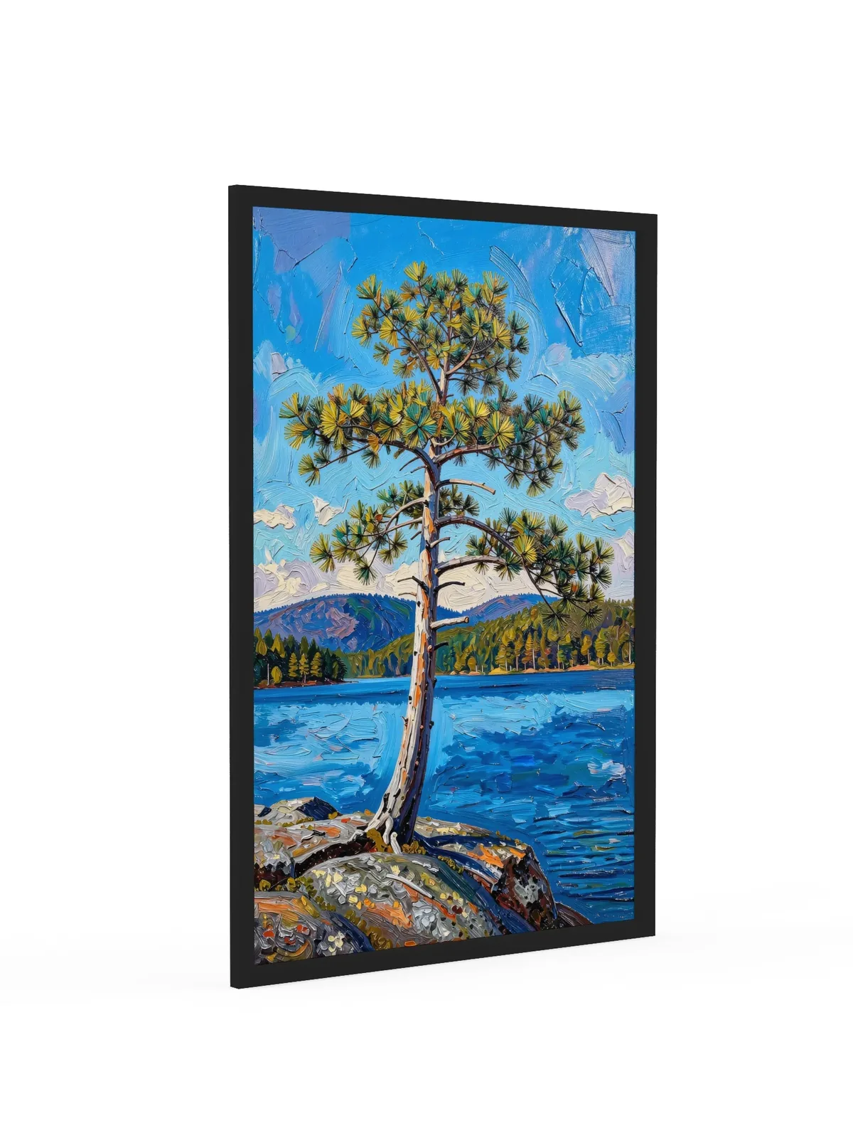 White Pine on the Point as a 24 by 36 inch framed print in a black frame: a lone white pine leaning out from a granite point over a blue lake, with low mountains on the far shore, in bold oil-painting brushstrokes.