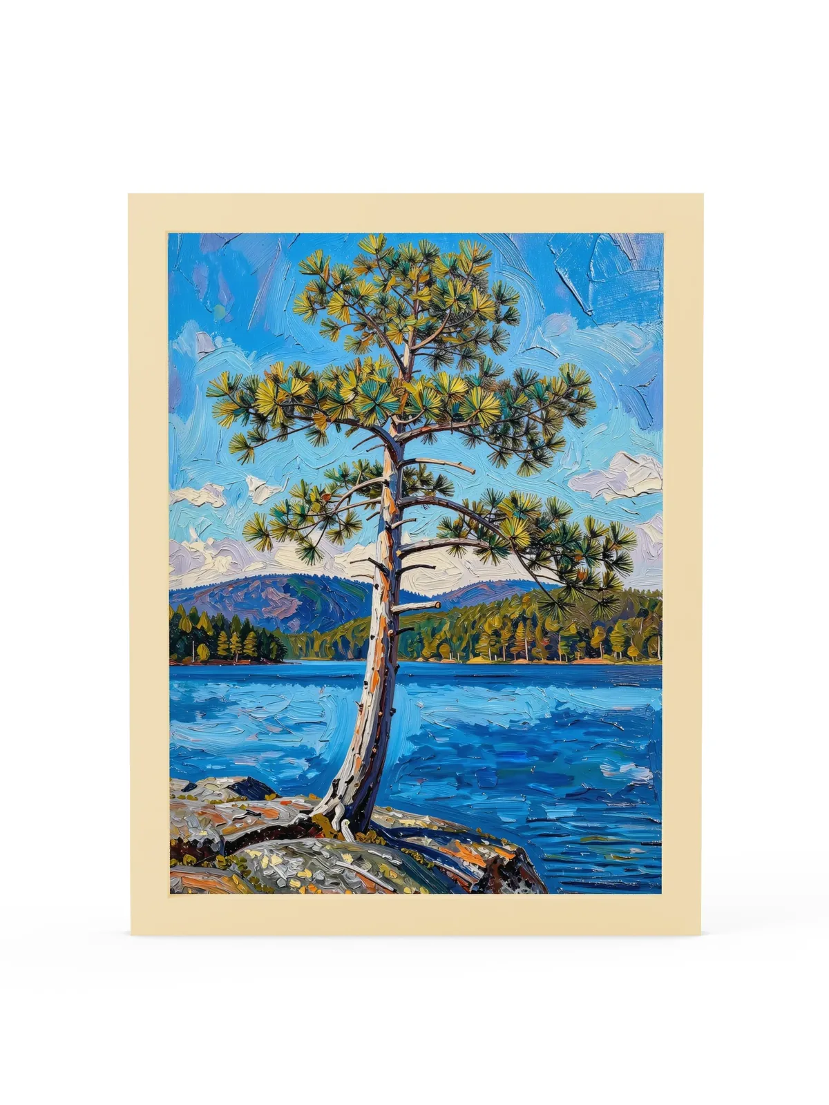 White Pine on the Point as a 12 by 16 inch framed print in a natural wood frame: a lone white pine leaning out from a granite point over a blue lake, with low mountains on the far shore, in bold oil-painting brushstrokes.