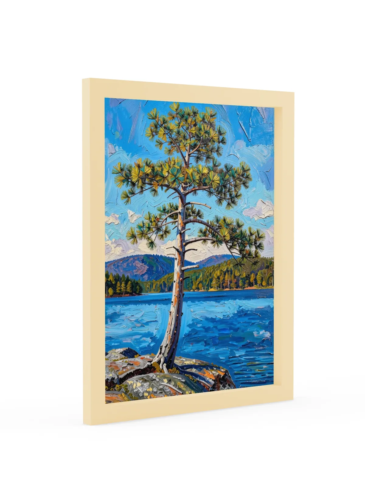 White Pine on the Point as a 12 by 16 inch framed print in a natural wood frame: a lone white pine leaning out from a granite point over a blue lake, with low mountains on the far shore, in bold oil-painting brushstrokes.