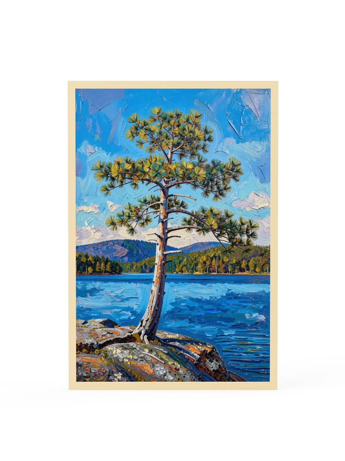 White Pine on the Point as a 24 by 36 inch framed print in a natural wood frame: a lone white pine leaning out from a granite point over a blue lake, with low mountains on the far shore, in bold oil-painting brushstrokes.