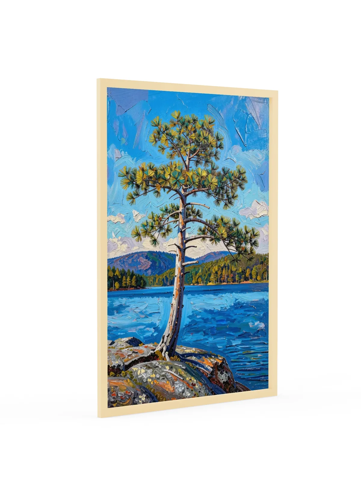 White Pine on the Point as a 24 by 36 inch framed print in a natural wood frame: a lone white pine leaning out from a granite point over a blue lake, with low mountains on the far shore, in bold oil-painting brushstrokes.