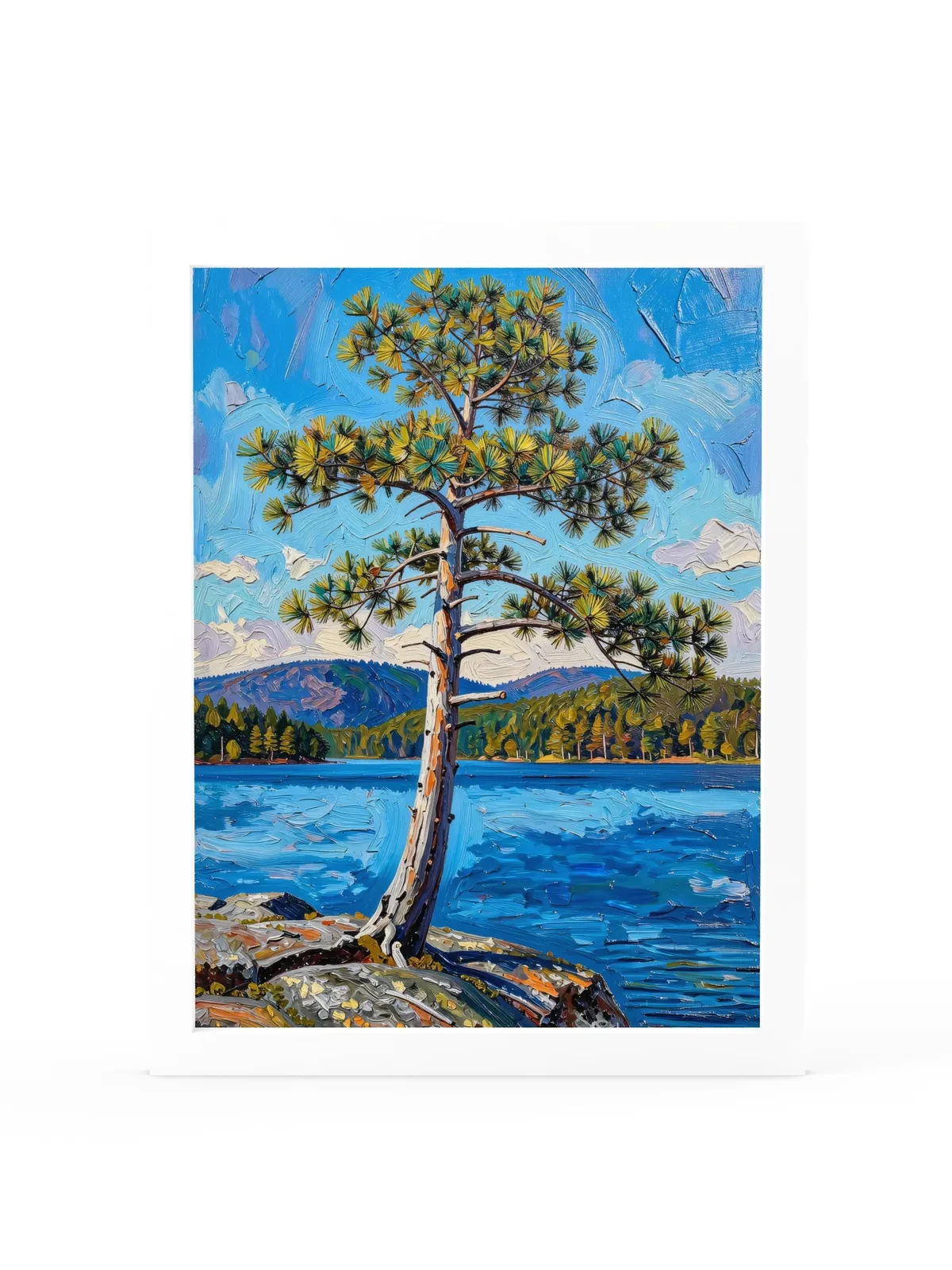White Pine on the Point as a 12 by 16 inch framed print in a white frame: a lone white pine leaning out from a granite point over a blue lake, with low mountains on the far shore, in bold oil-painting brushstrokes.