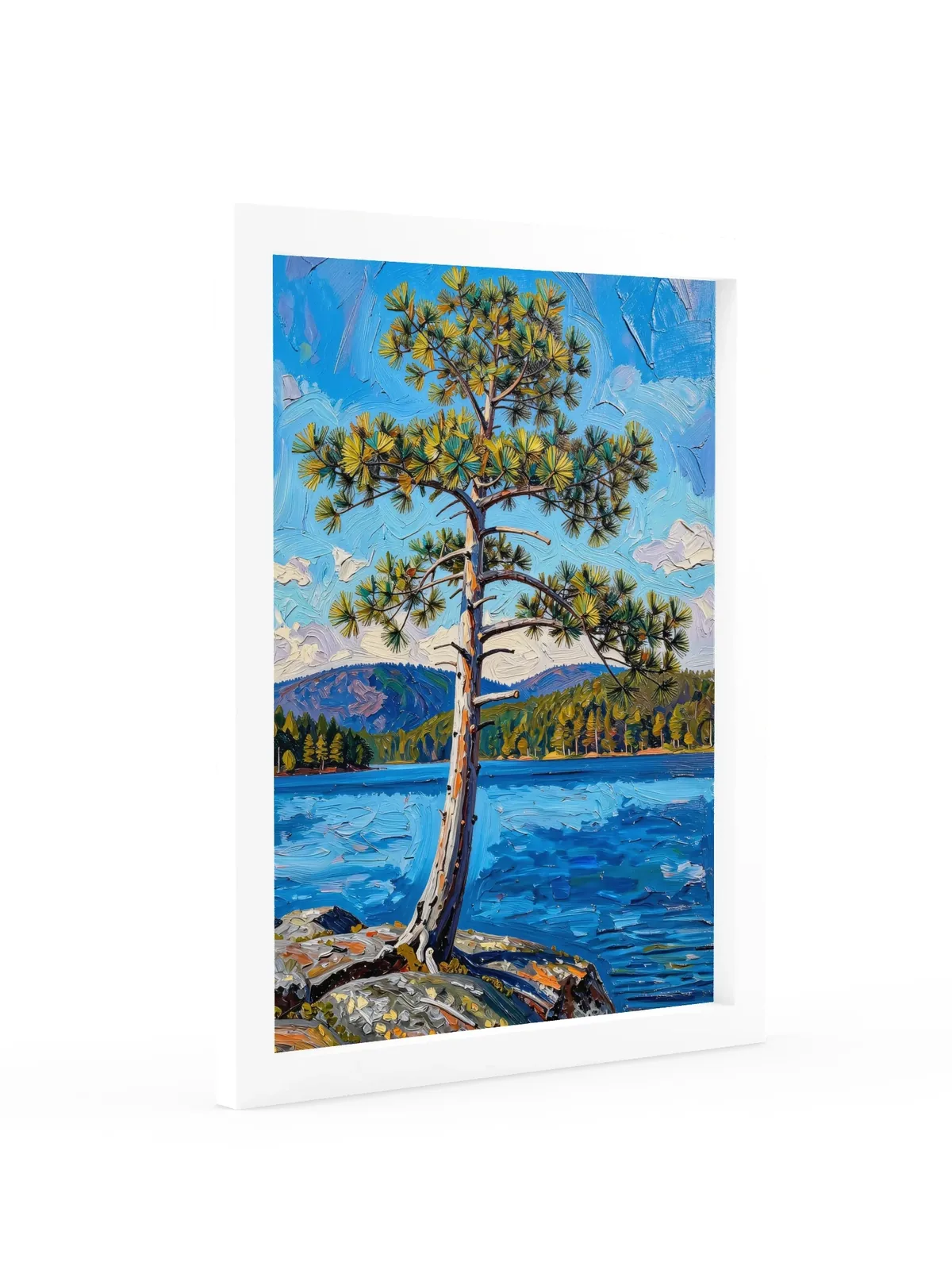 White Pine on the Point as a 12 by 16 inch framed print in a white frame: a lone white pine leaning out from a granite point over a blue lake, with low mountains on the far shore, in bold oil-painting brushstrokes.