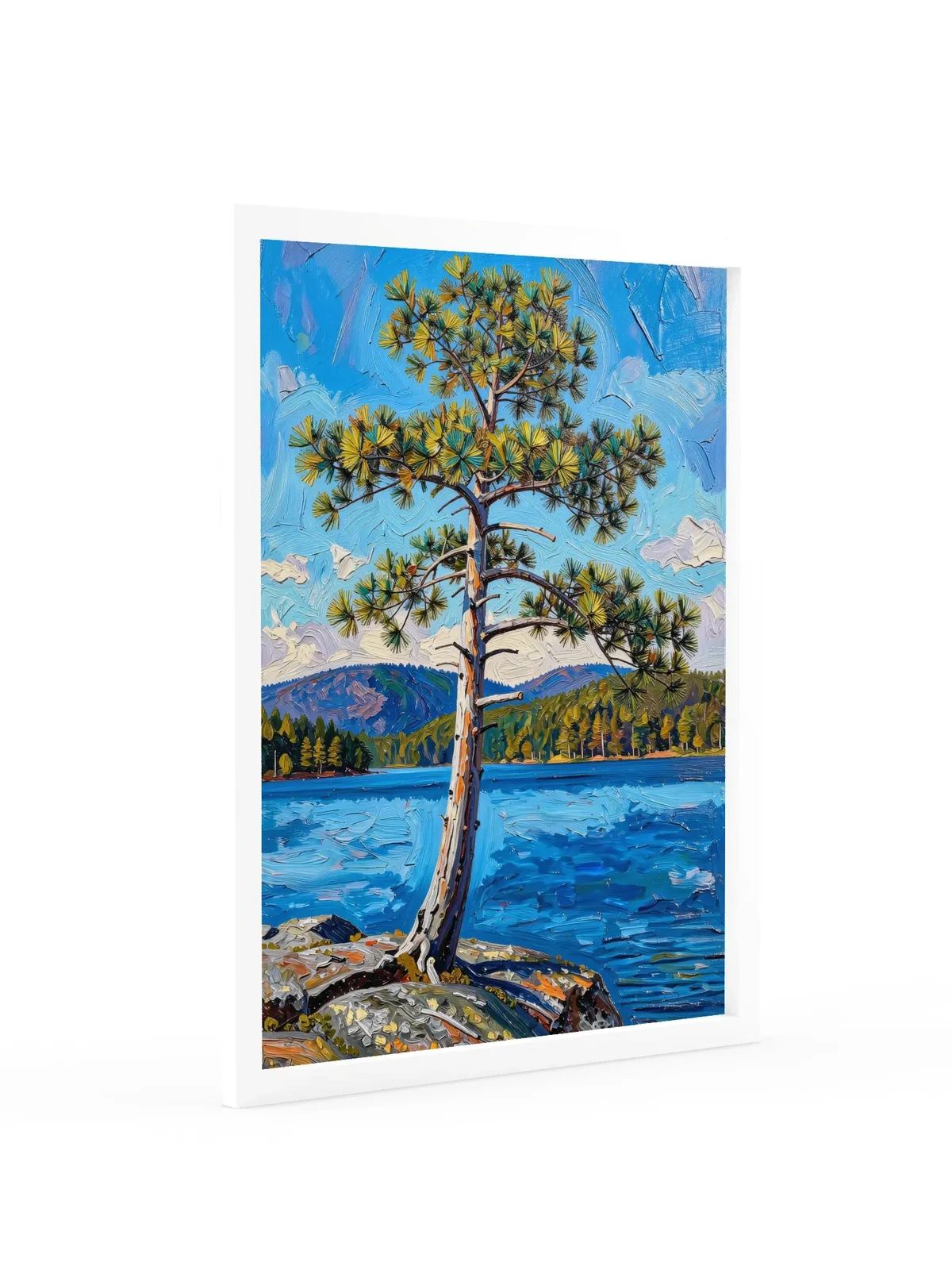 White Pine on the Point as an 18 by 24 inch framed print in a white frame: a lone white pine leaning out from a granite point over a blue lake, with low mountains on the far shore, in bold oil-painting brushstrokes.