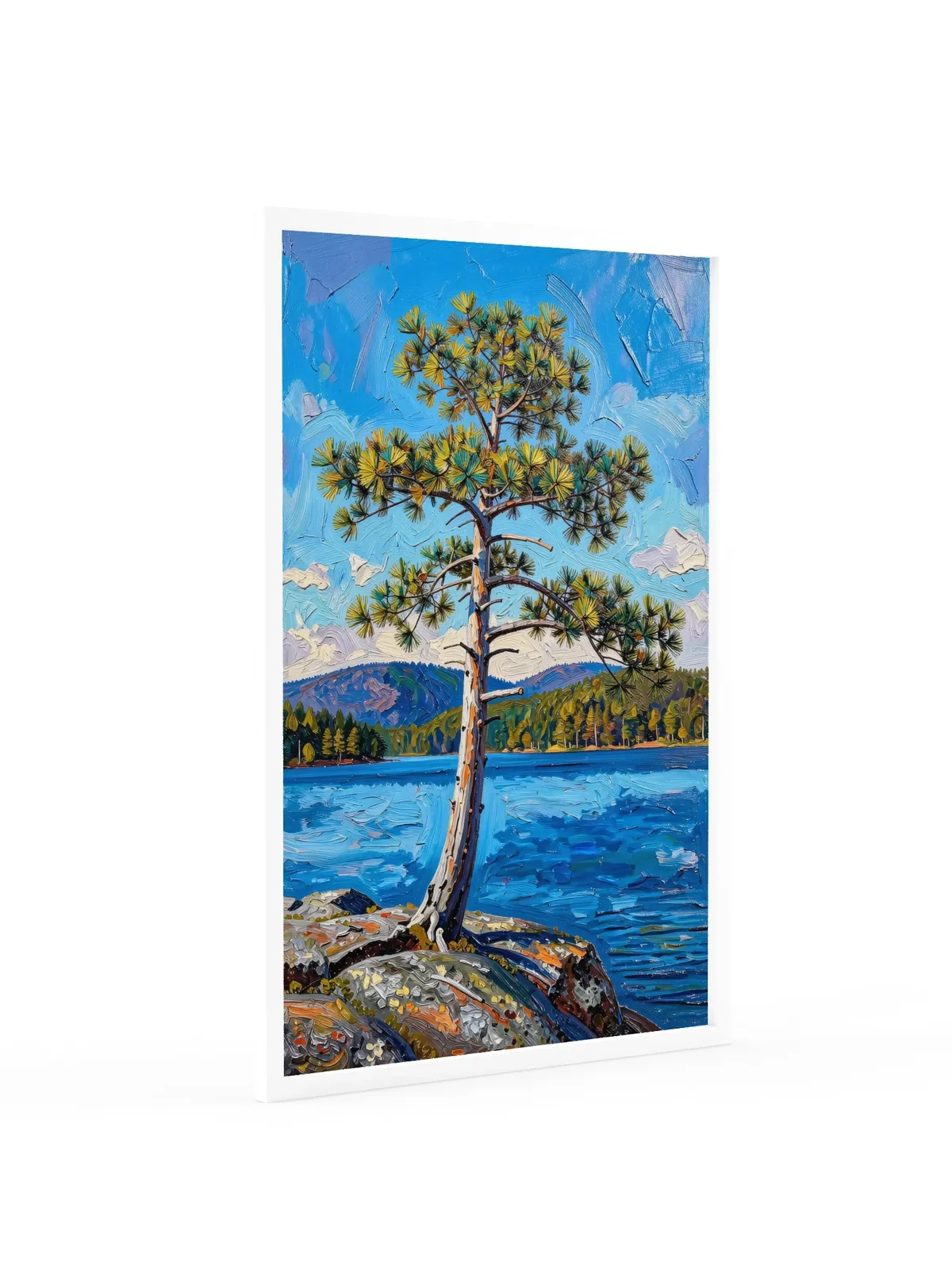 White Pine on the Point as a 24 by 36 inch framed print in a white frame: a lone white pine leaning out from a granite point over a blue lake, with low mountains on the far shore, in bold oil-painting brushstrokes.