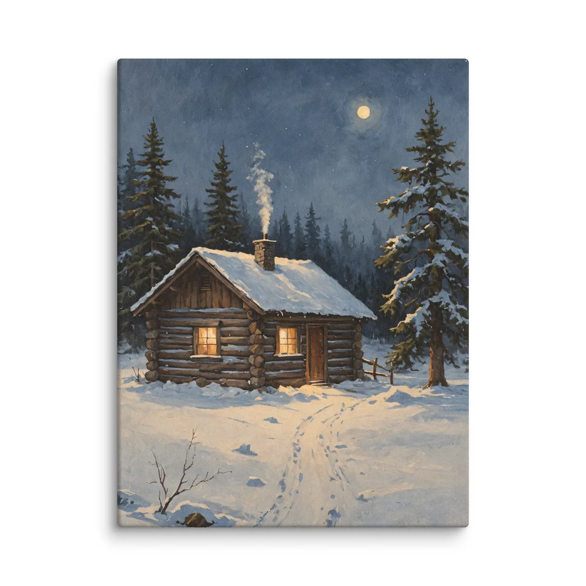 Winter Camp at Night as a 12 by 16 inch canvas: a small log cabin deep in snow on a winter night, warm light in its windows, smoke rising from the stone chimney, a trodden path to the door, snowy spruce and a full moon, in soft, traditional oil brushwork.