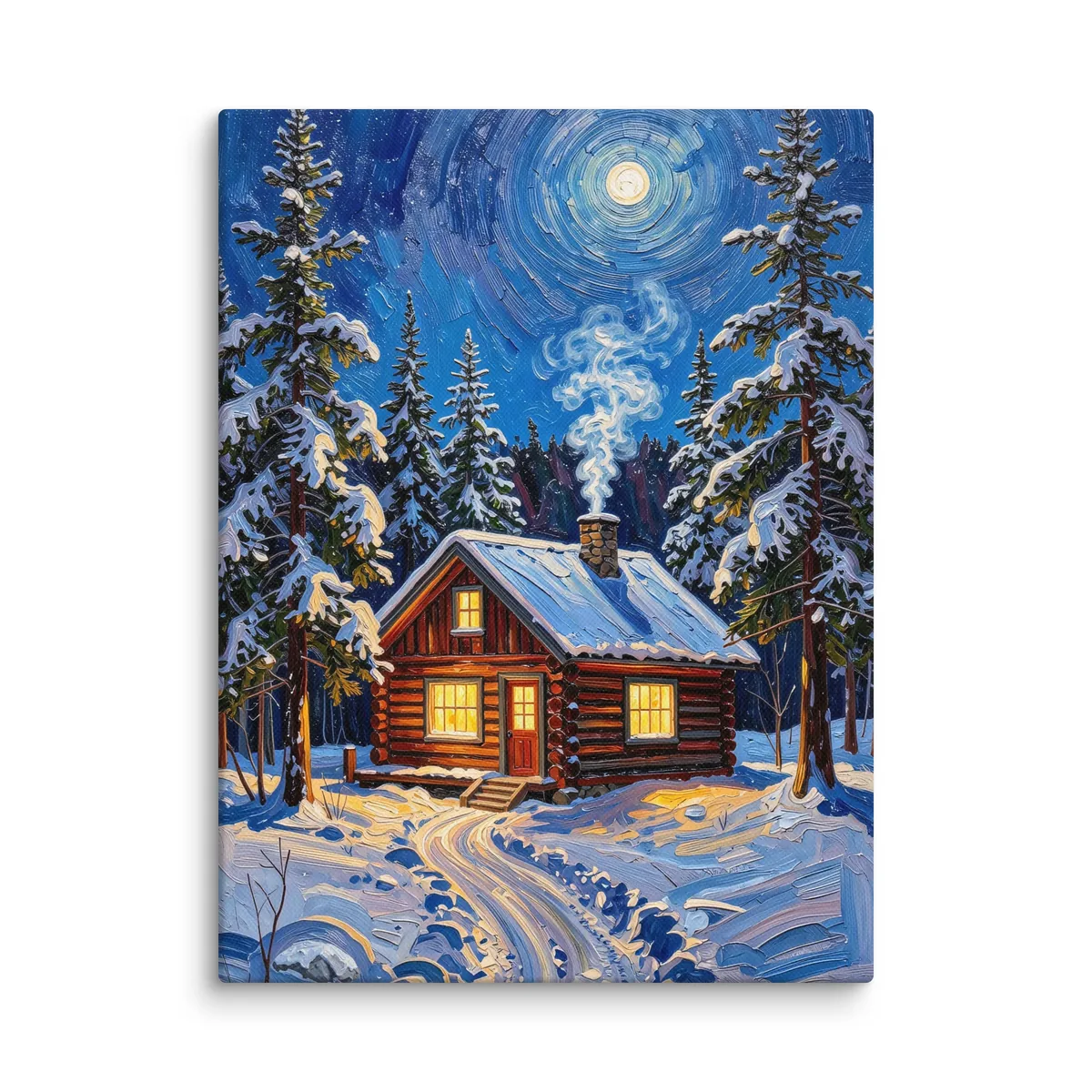 Winter Camp at Night as a 12 by 16 inch canvas: a log cabin in deep snow at night, its windows glowing under tall spruce and a bright moon, in bold oil-painting brushstrokes.