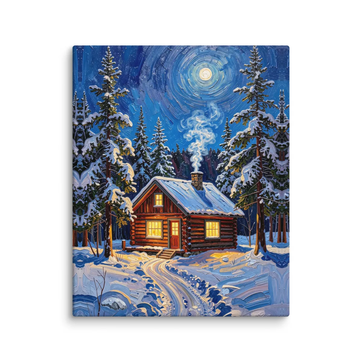 Winter Camp at Night as a 16 by 20 inch canvas: a log cabin in deep snow at night, its windows glowing under tall spruce and a bright moon, in bold oil-painting brushstrokes.