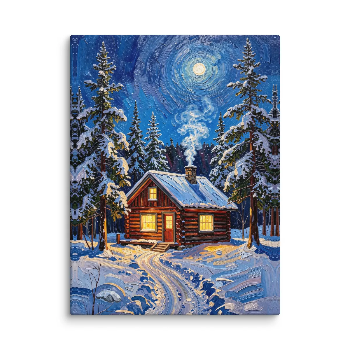 Winter Camp at Night as an 18 by 24 inch canvas: a log cabin in deep snow at night, its windows glowing under tall spruce and a bright moon, in bold oil-painting brushstrokes.