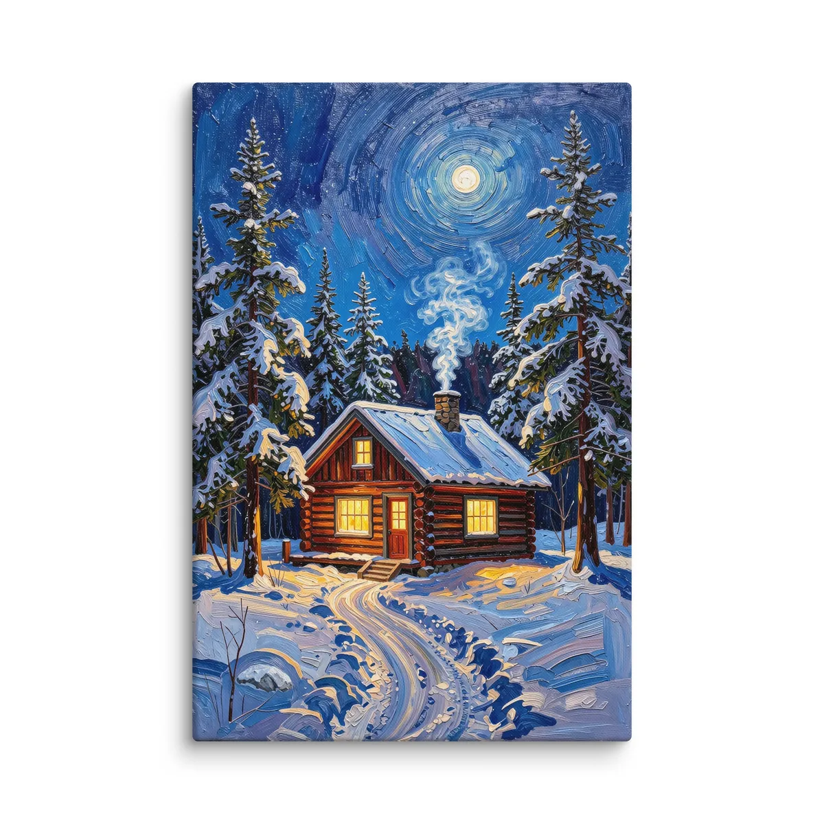 Winter Camp at Night as a 24 by 36 inch canvas: a log cabin in deep snow at night, its windows glowing under tall spruce and a bright moon, in bold oil-painting brushstrokes.