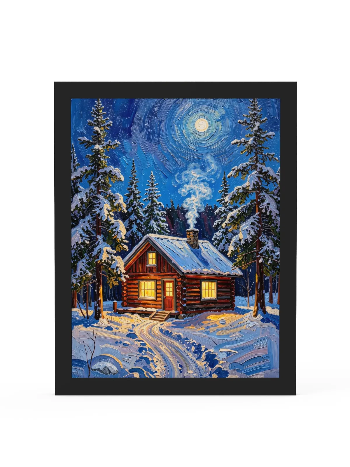 Winter Camp at Night as a 12 by 16 inch framed print in a black frame: a log cabin in deep snow at night, its windows glowing under tall spruce and a bright moon, in bold oil-painting brushstrokes.