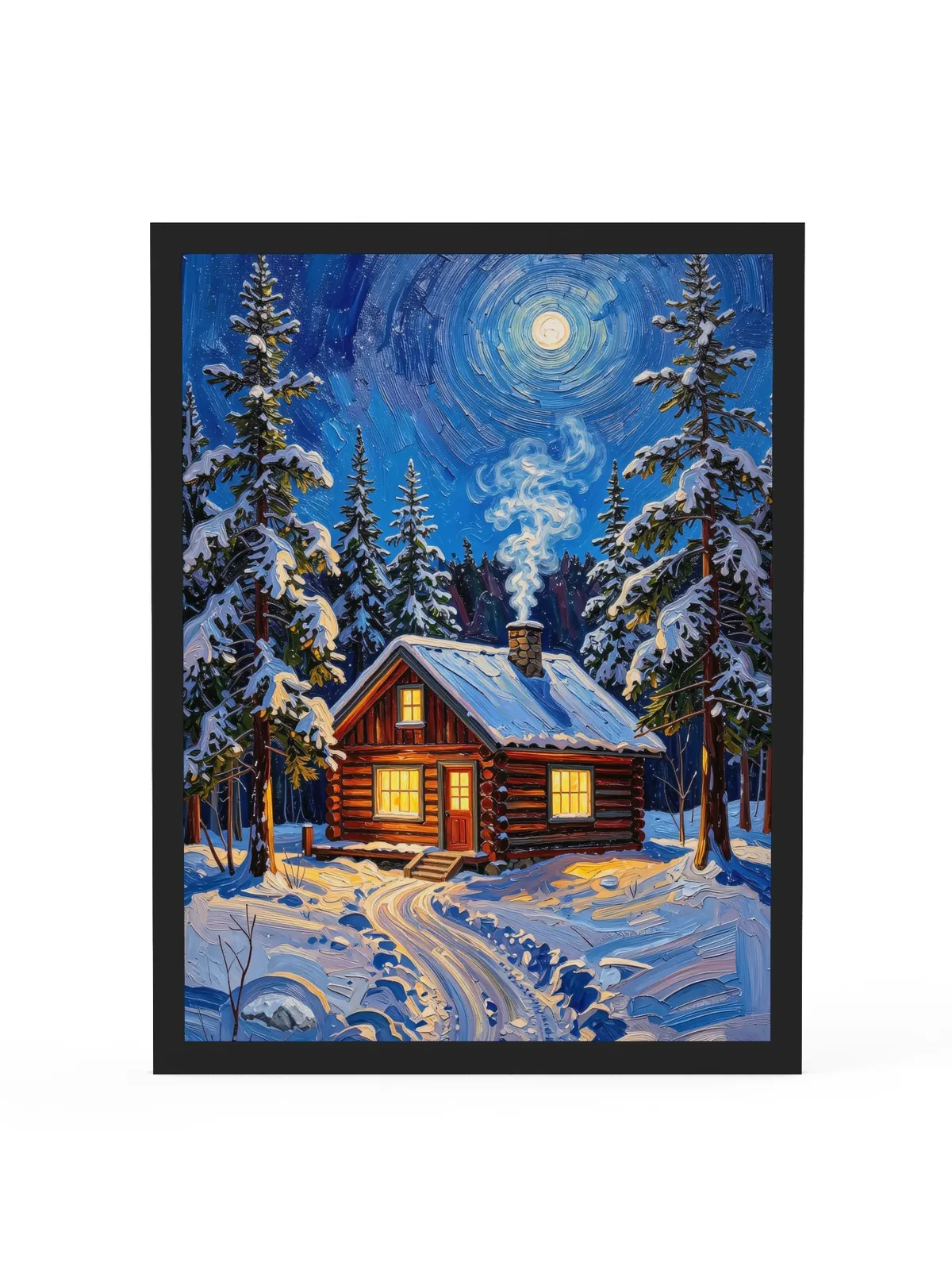 Winter Camp at Night as an 18 by 24 inch framed print in a black frame: a log cabin in deep snow at night, its windows glowing under tall spruce and a bright moon, in bold oil-painting brushstrokes.