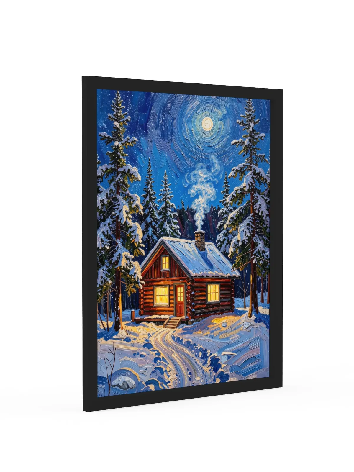Winter Camp at Night as an 18 by 24 inch framed print in a black frame: a log cabin in deep snow at night, its windows glowing under tall spruce and a bright moon, in bold oil-painting brushstrokes.