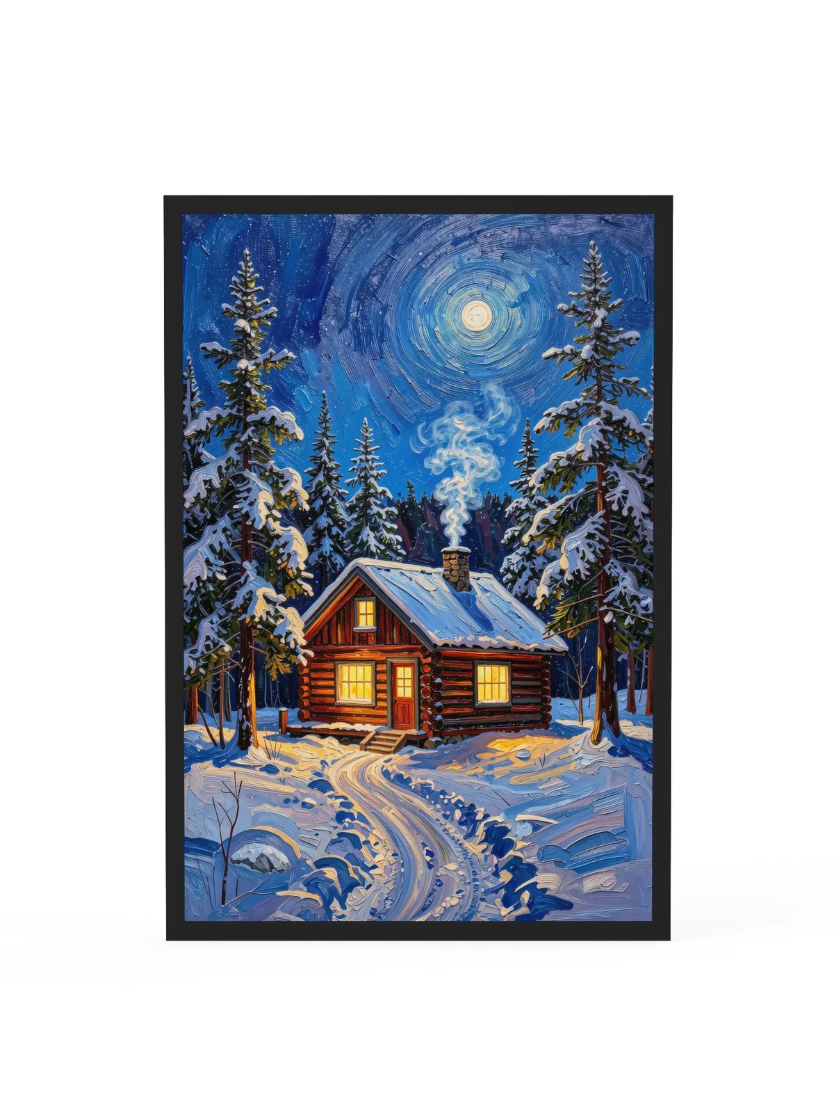 Winter Camp at Night as a 24 by 36 inch framed print in a black frame: a log cabin in deep snow at night, its windows glowing under tall spruce and a bright moon, in bold oil-painting brushstrokes.