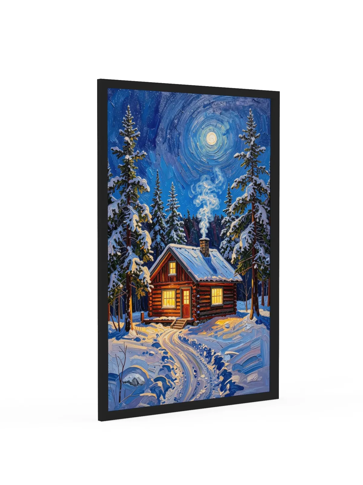 Winter Camp at Night as a 24 by 36 inch framed print in a black frame: a log cabin in deep snow at night, its windows glowing under tall spruce and a bright moon, in bold oil-painting brushstrokes.