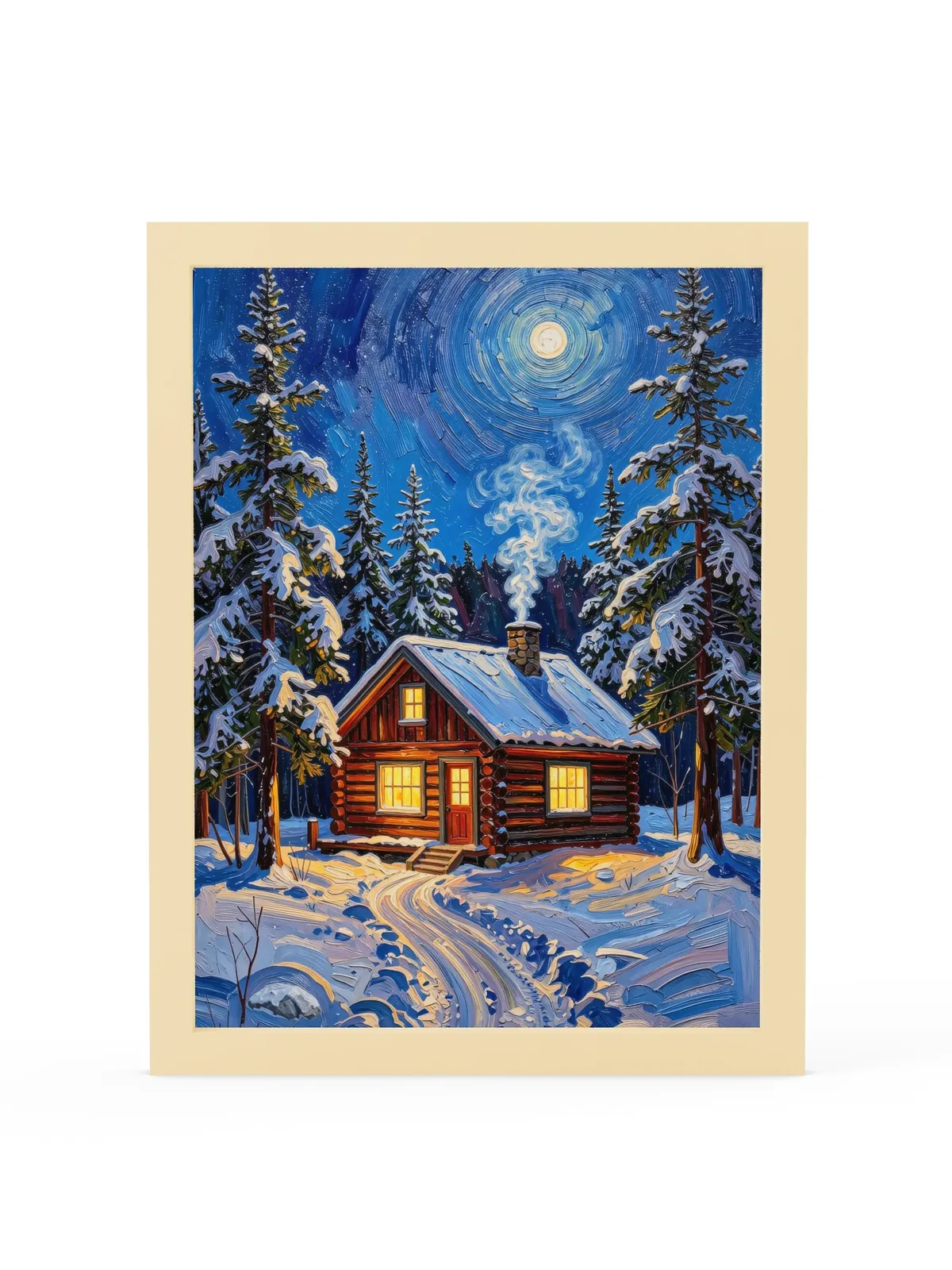 Winter Camp at Night as a 12 by 16 inch framed print in a natural wood frame: a log cabin in deep snow at night, its windows glowing under tall spruce and a bright moon, in bold oil-painting brushstrokes.