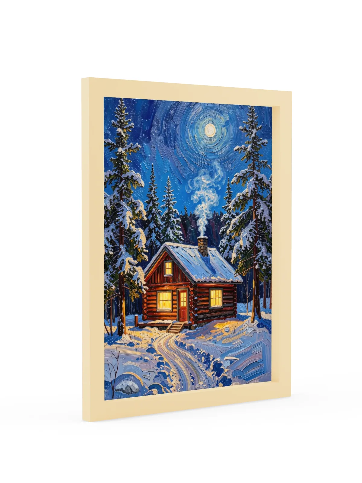 Winter Camp at Night as a 12 by 16 inch framed print in a natural wood frame: a log cabin in deep snow at night, its windows glowing under tall spruce and a bright moon, in bold oil-painting brushstrokes.