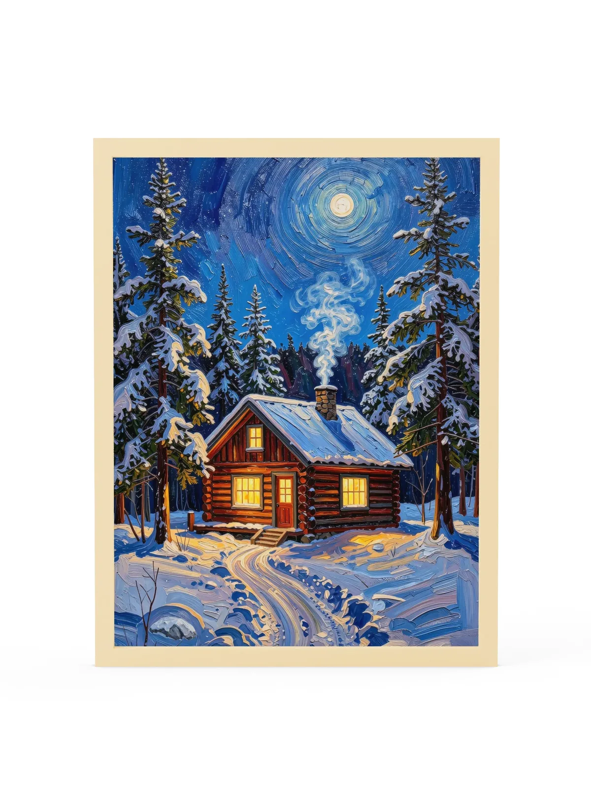 Winter Camp at Night as an 18 by 24 inch framed print in a natural wood frame: a log cabin in deep snow at night, its windows glowing under tall spruce and a bright moon, in bold oil-painting brushstrokes.
