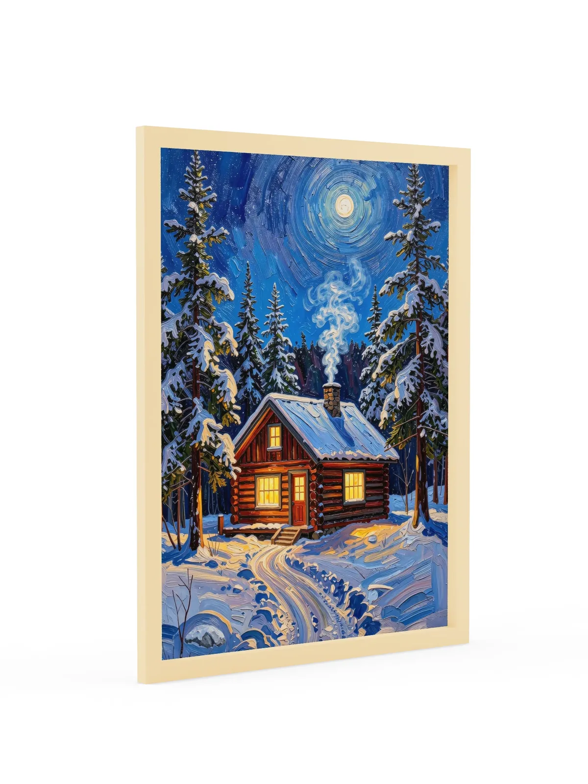 Winter Camp at Night as an 18 by 24 inch framed print in a natural wood frame: a log cabin in deep snow at night, its windows glowing under tall spruce and a bright moon, in bold oil-painting brushstrokes.