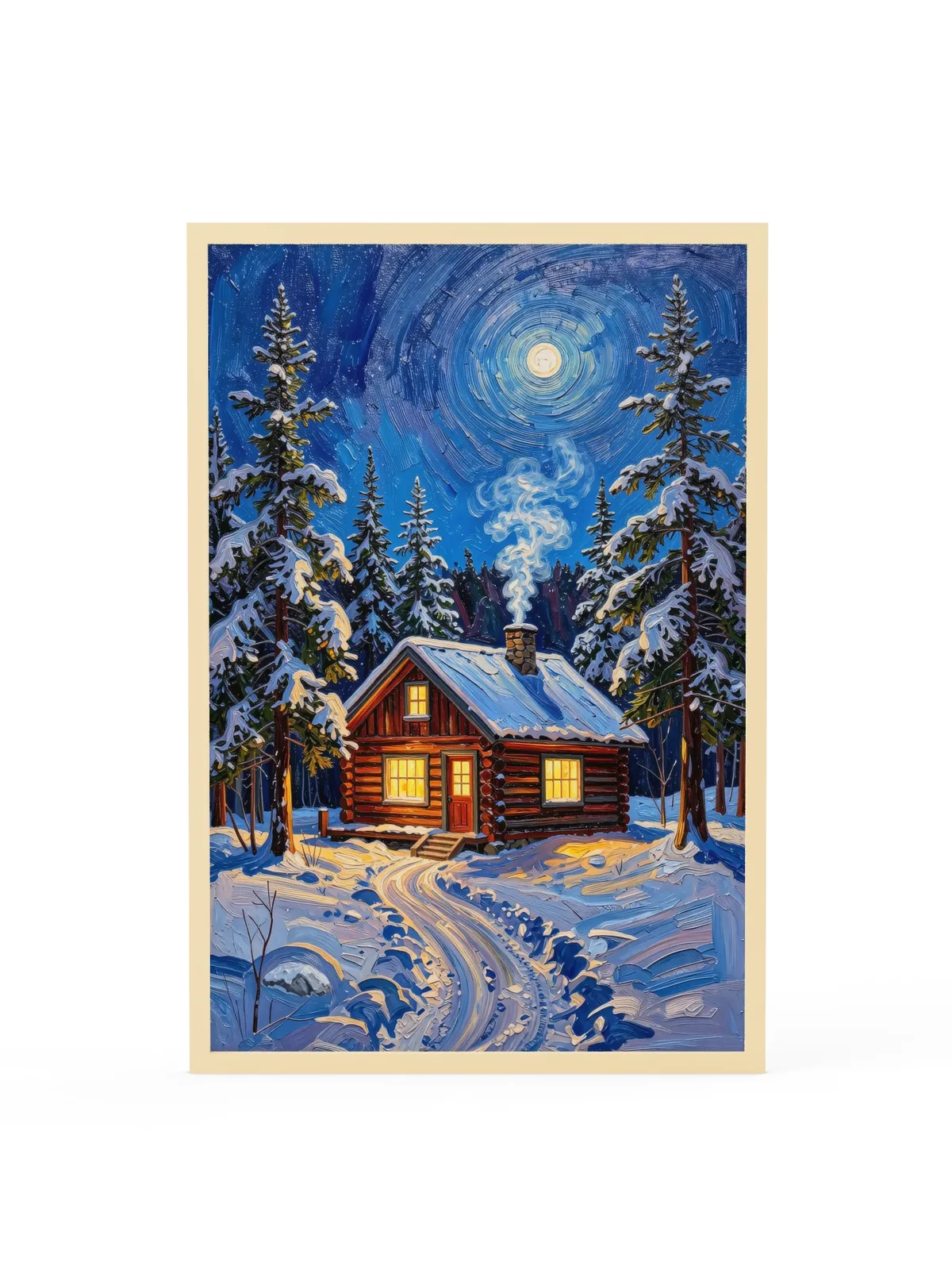 Winter Camp at Night as a 24 by 36 inch framed print in a natural wood frame: a log cabin in deep snow at night, its windows glowing under tall spruce and a bright moon, in bold oil-painting brushstrokes.