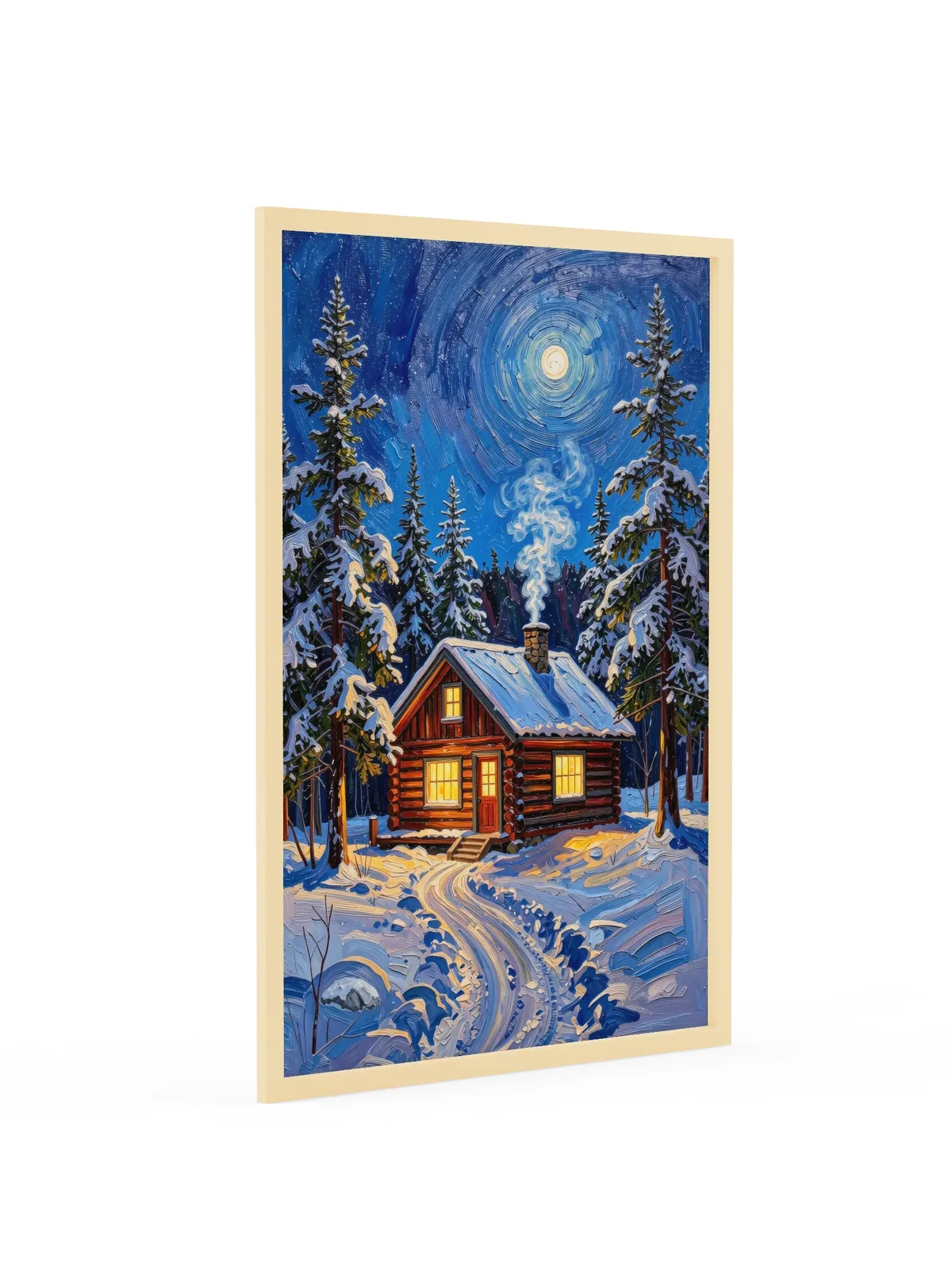 Winter Camp at Night as a 24 by 36 inch framed print in a natural wood frame: a log cabin in deep snow at night, its windows glowing under tall spruce and a bright moon, in bold oil-painting brushstrokes.