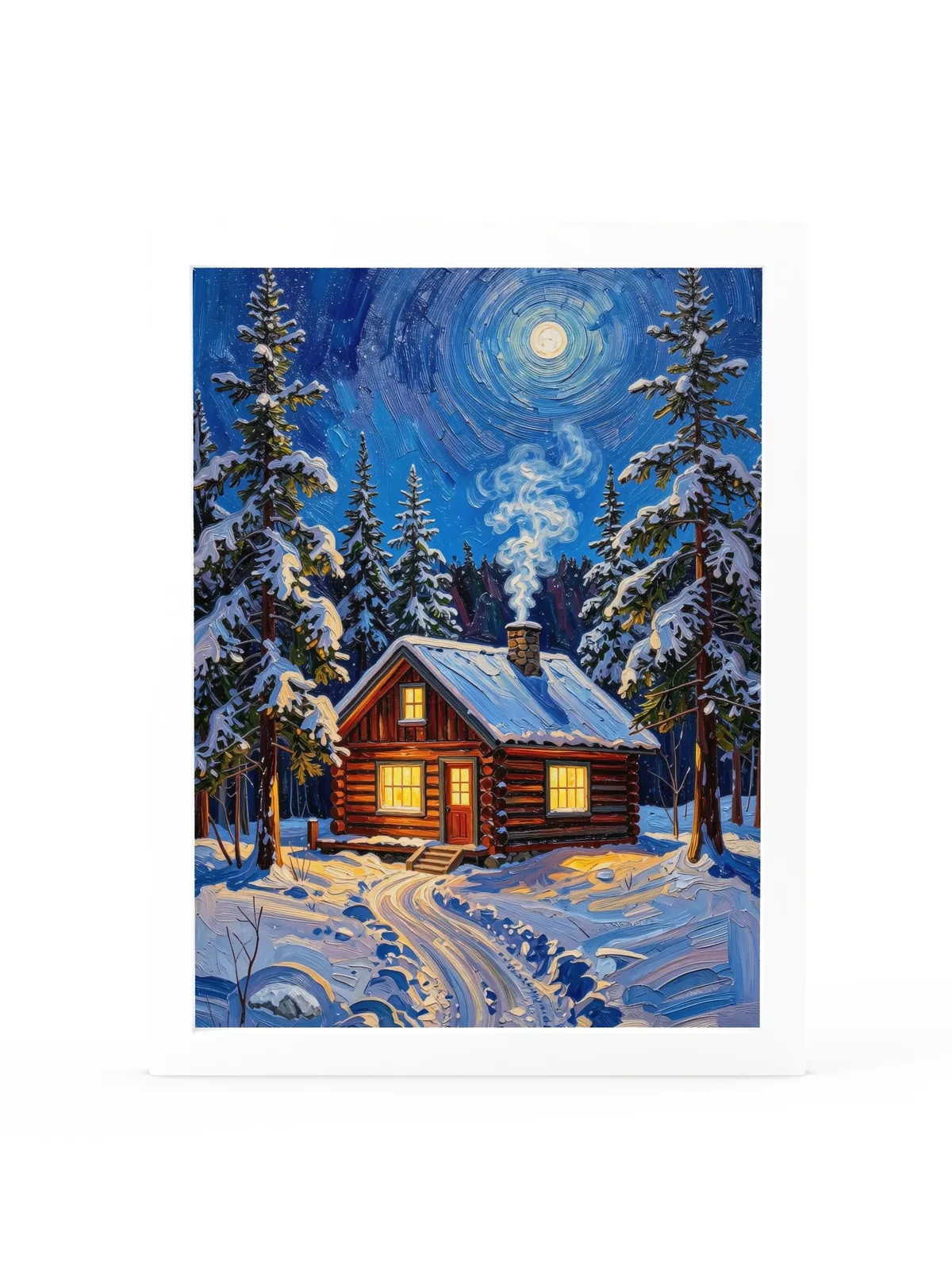Winter Camp at Night as a 12 by 16 inch framed print in a white frame: a log cabin in deep snow at night, its windows glowing under tall spruce and a bright moon, in bold oil-painting brushstrokes.